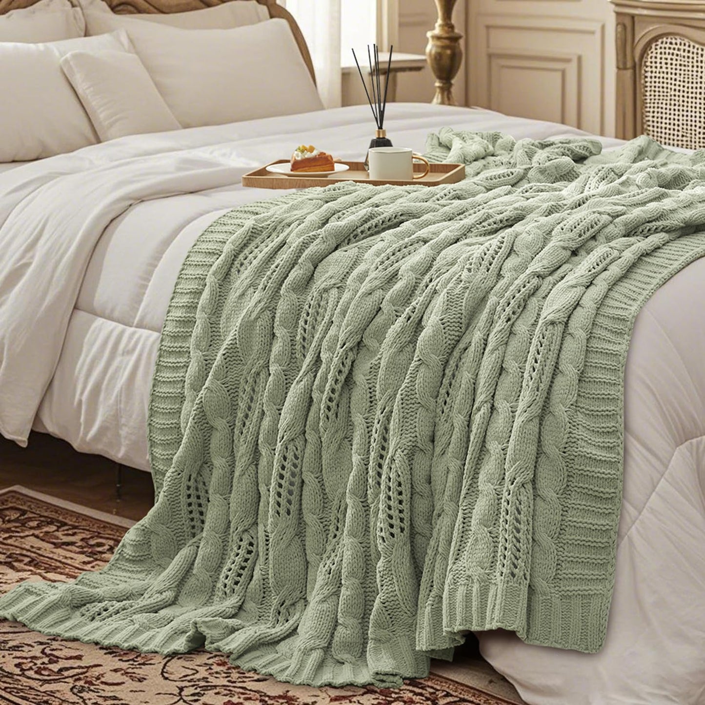 Amélie Home Chunky Knit Throw Blanket, Dual-Sided Soft Chenille Breathable Cable Knitted Blanket for Couch, Farmhouse Decorative Throw for Sofa & Chair, 50"x60", Sage Green