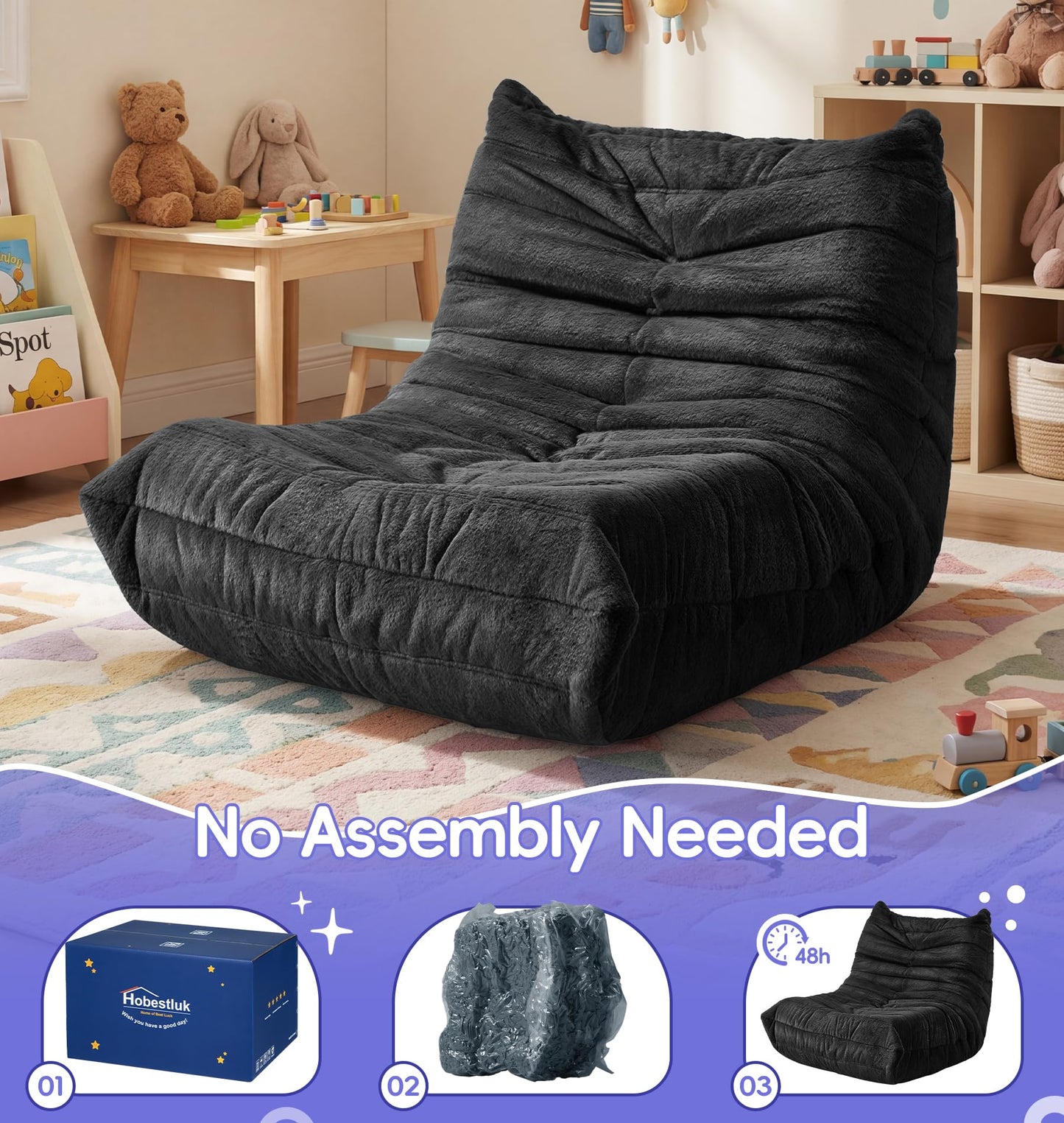 Hobestluk Bean Bag Chair for Kids Toddler Bean Bag Chair with Memory Foam Filler Beanbag with Spacious Design Bean Bag Couch for Reading Gaming Relaxing (Black, Small)