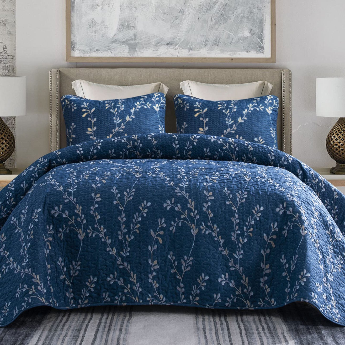 Exclusivo Mezcla Reversible Boho Quilts Queen Size, Navy Soft Bedspreads Lightweight Coverlet All Season Flowers Quilt Bedding Set with Printed Floral Pattern (1 Quilt, 2 Pillow Shams)