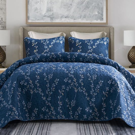Exclusivo Mezcla Reversible Boho Quilts Queen Size, Navy Soft Bedspreads Lightweight Coverlet All Season Flowers Quilt Bedding Set with Printed Floral Pattern (1 Quilt, 2 Pillow Shams)