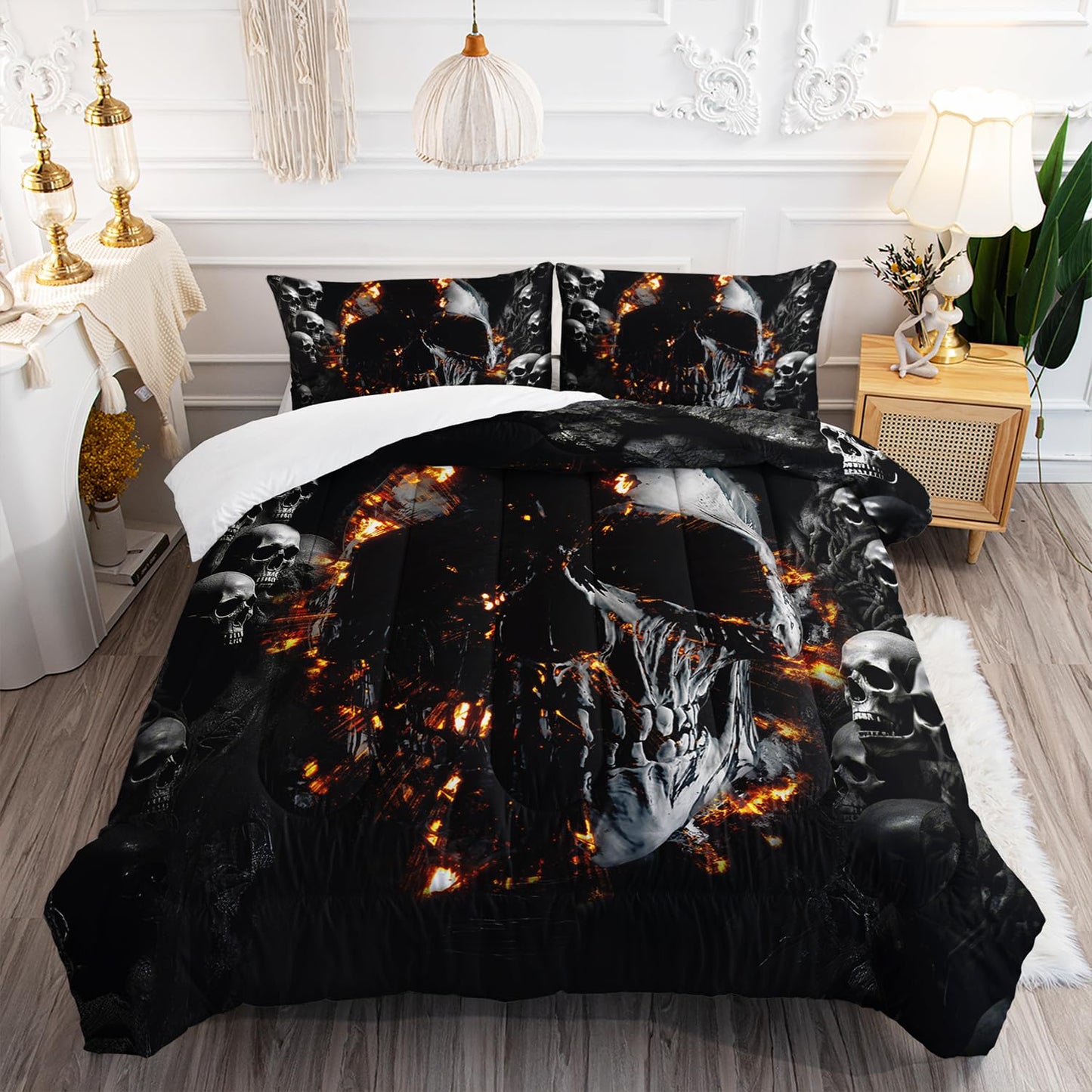 AILONEN Gothic Skull Comforter Set Twin Size, Grey Skeleton Fire Skull Goth Bedding Set,Rock Skull Bedding Quilt with 2 Pillowcases,3 Pieces Skeleton Skull Black Twin Comforter Set