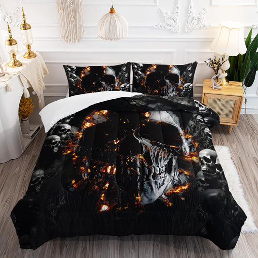 AILONEN Gothic Skull Comforter Set Twin Size, Grey Skeleton Fire Skull Goth Bedding Set,Rock Skull Bedding Quilt with 2 Pillowcases,3 Pieces Skeleton Skull Black Twin Comforter Set