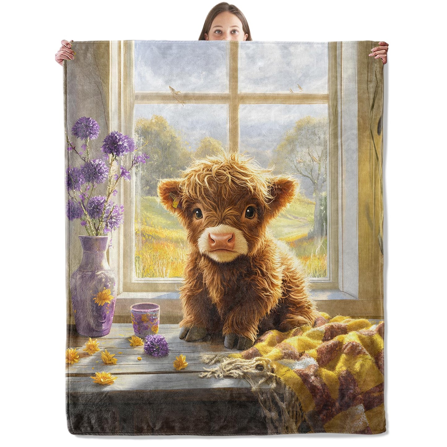 xmwjfd Cute Highland Cow Blanket, Cozy Plush Fluffy Calf by The Window Throw Blanket for Couch Bedroom Outdoor, Lightweight Soft Flannel Travel Blankets, Gifts for Women Kids, Warm Decor 50"×60"