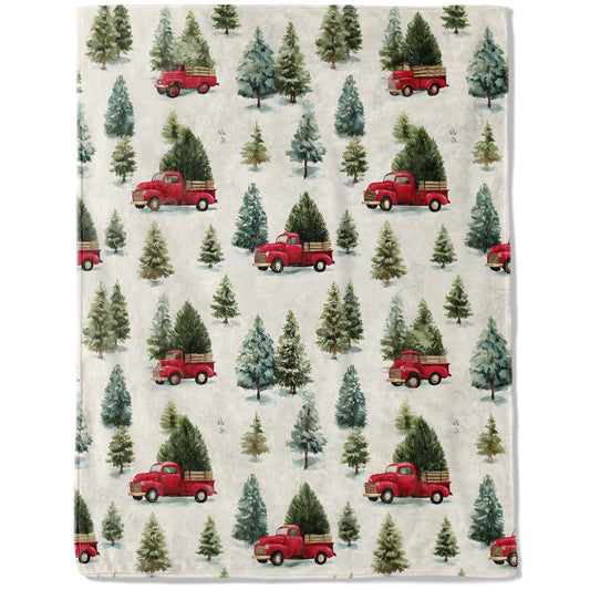 ainori Christmas Decorative Blanket, Vintage Red Truck and Tree Print Throw Decoration, Soft Flannel Winter Blankets for Couch Bed Sofa, Holiday Home Decor, Xmas Festival Gifts White 50x60 Inch