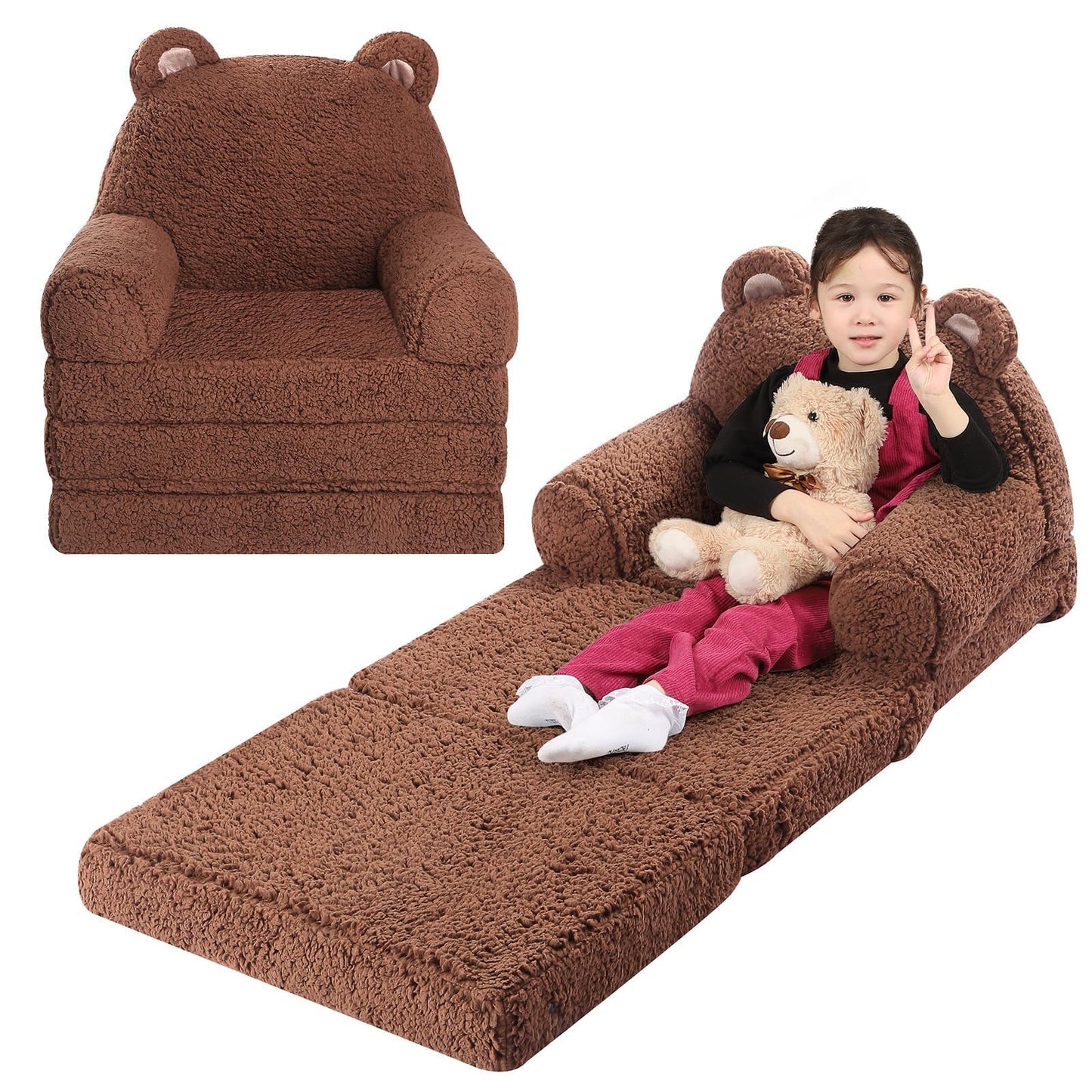 MOMCAYWEX Kids Sofa, Sherpa Couch with Tri-Layer Foam Cushions, Soft Comfy Seating for Kids Age 3–6 Years, Brown