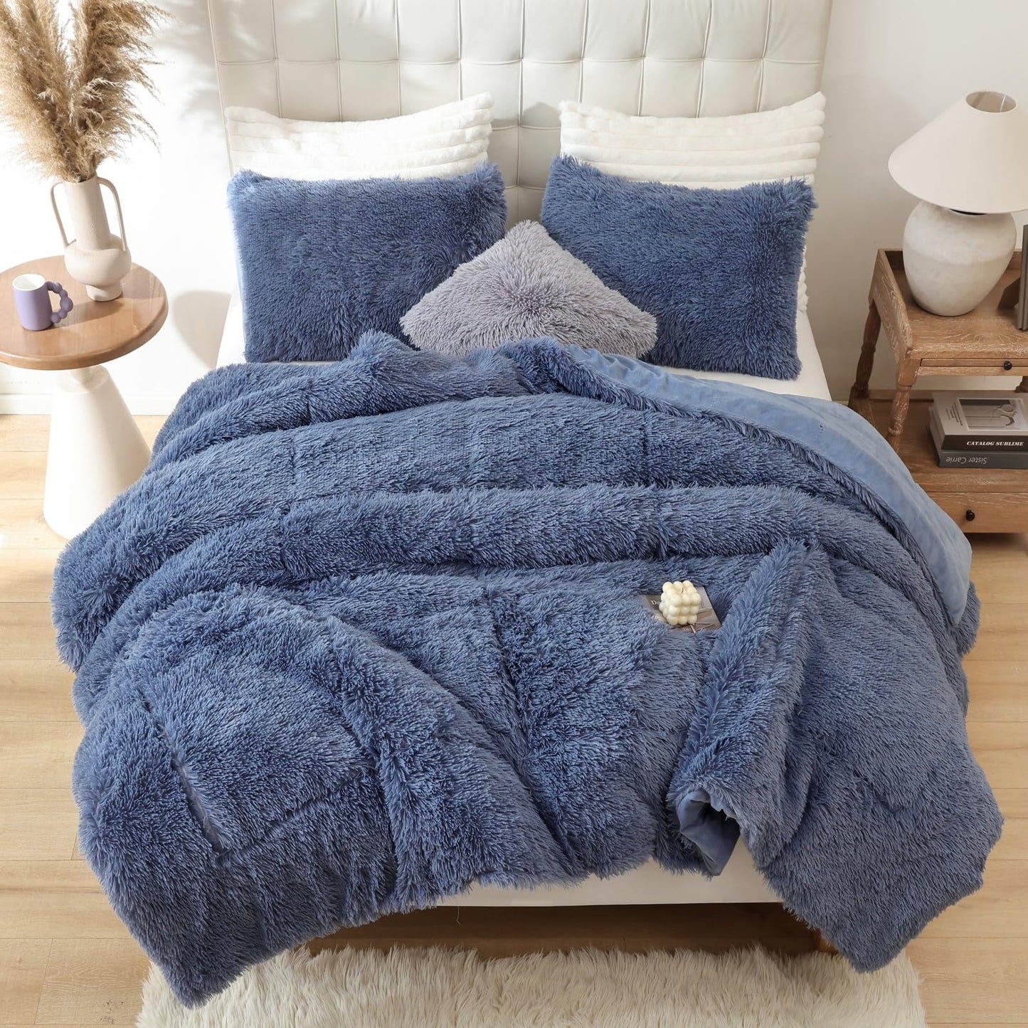 Smoofy Fluffy Queen Comforter Set, Faux Fur Comforter Set Queen Size, Luxury Fuzzy Bedding Set, Soft Shaggy Bed Set for All Season, 3 Pieces - 1 Comforter & 2 Pillowcases, Infinite Blue
