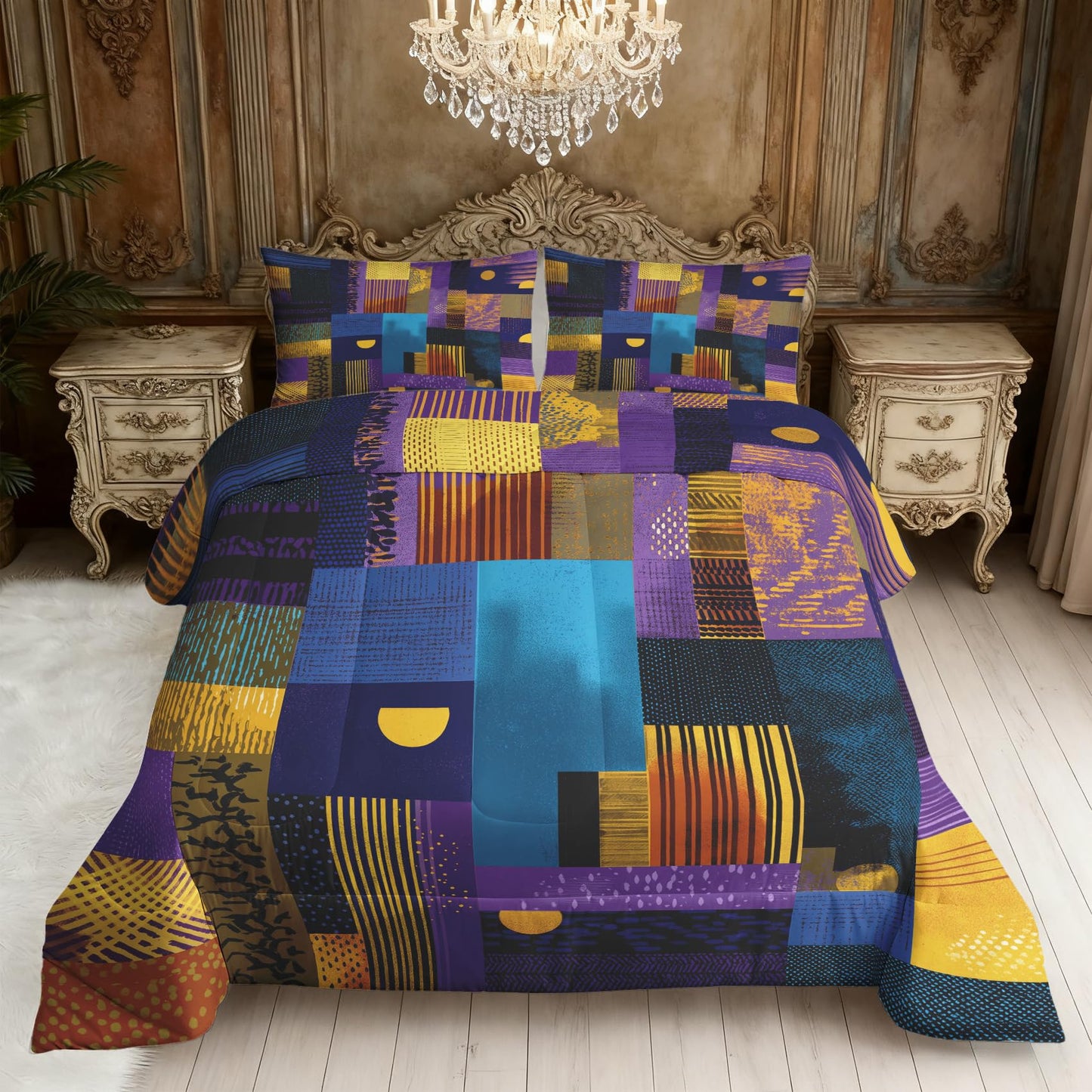 ZDABAOEC Patchwork Boho Queen Comforter Set 3 Piece, 2 Pillow Shams, Mid Century Modern Geometric Reversible Down Alternative All Season Bedding, Soft Microfiber, Boho Bedroom Decor