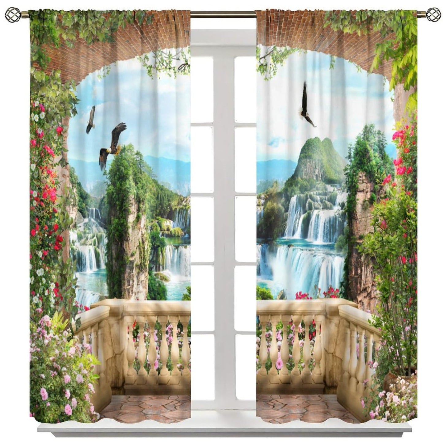 Yoakiet Italian Landscape Curtains,Old Stone Arches Sea Viewing Balcony Mural Waterfall Garden Flower Plant Print Rod Pocket Window Treatments Drapes for Bedroom Kitchen Living Room 42" W X 45" L