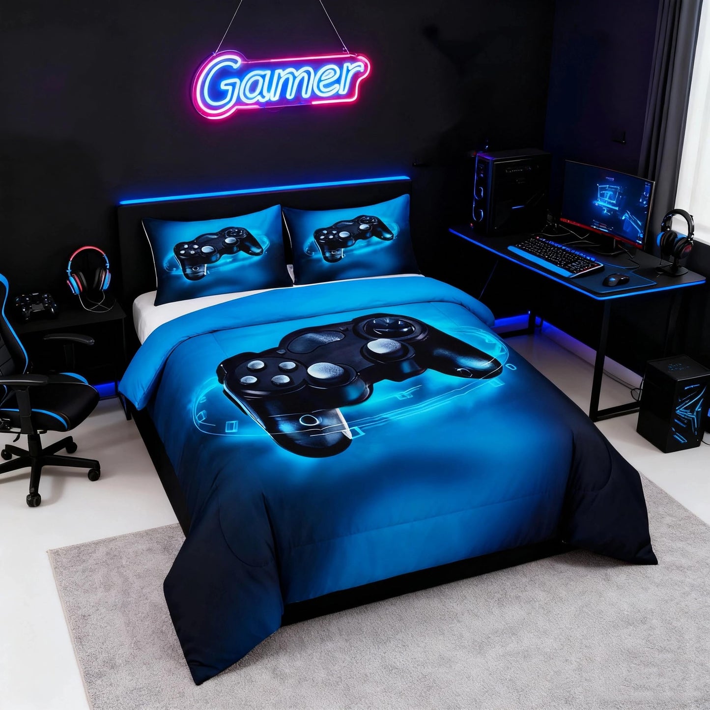 Feelyou Gamer Comforter Sets for Boys Twin Bedding Set for Boys Kids Gaming Comforter Gamer Room Decor Blue Video Game Bed Set Teens Bedroom Gamepad Duvet Set All Season 1 Comforter with 1 Pillow Case
