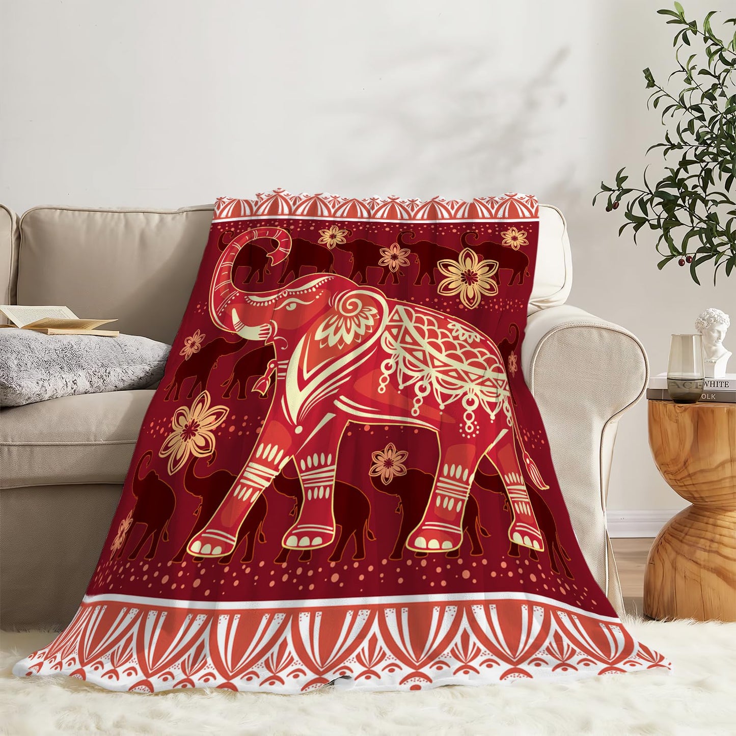 SweetFox Elephant Blanket Red Boho Elephant Decor Throw Blanket Gifts for Girls Boys Super Warm Soft Plush Lightweight Fleece Flannel Winter Couch Bedding Blankets for Kids Adults Women Men 50"X40"