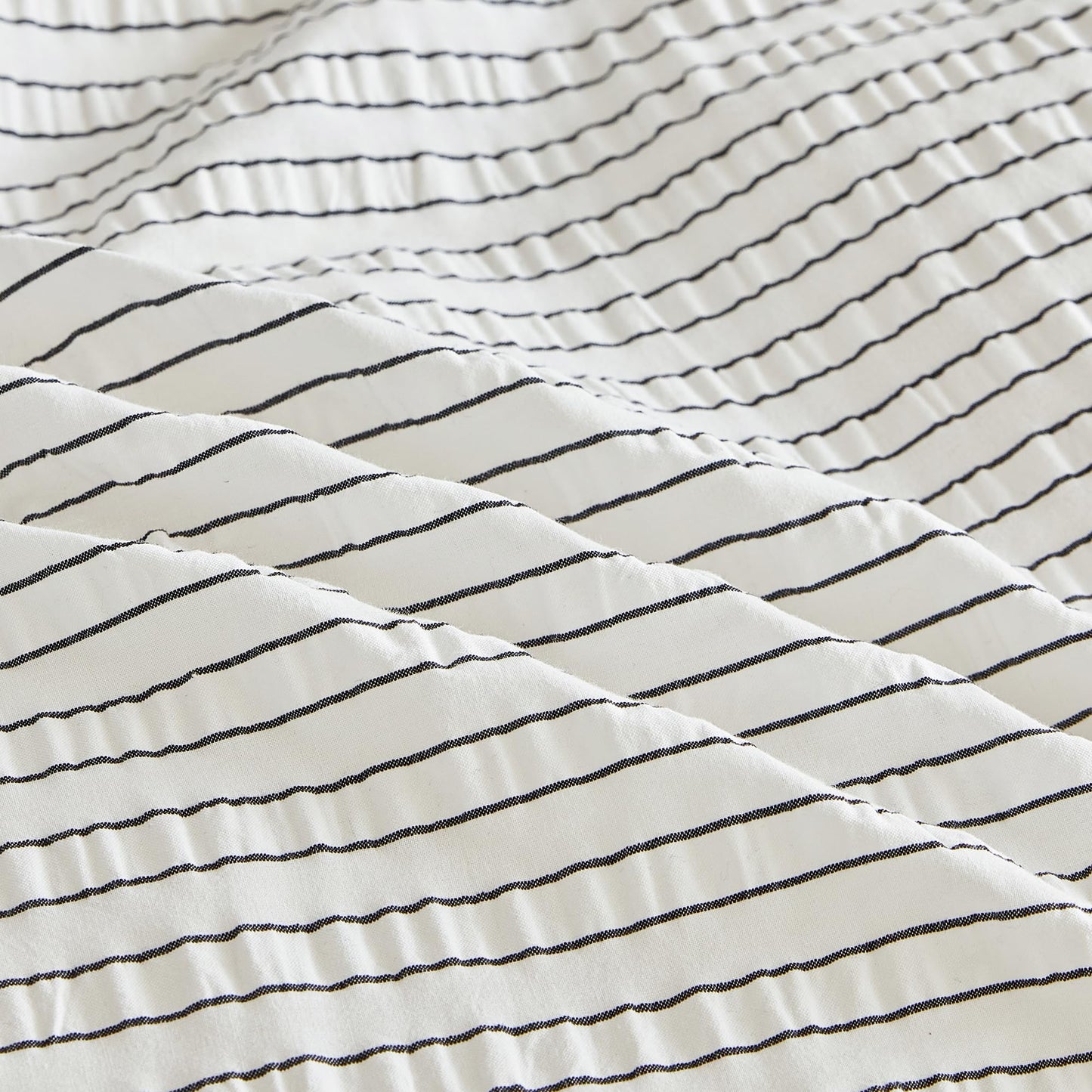 SUSYBAO Black White Striped Duvet Cover Queen 100% Cotton 3 Pcs Set 1 White Seersucker Duvet Cover with Zipper Ties 2 Pillow Shams Washed Cotton Textured Black Stripe Bedding Set Soft