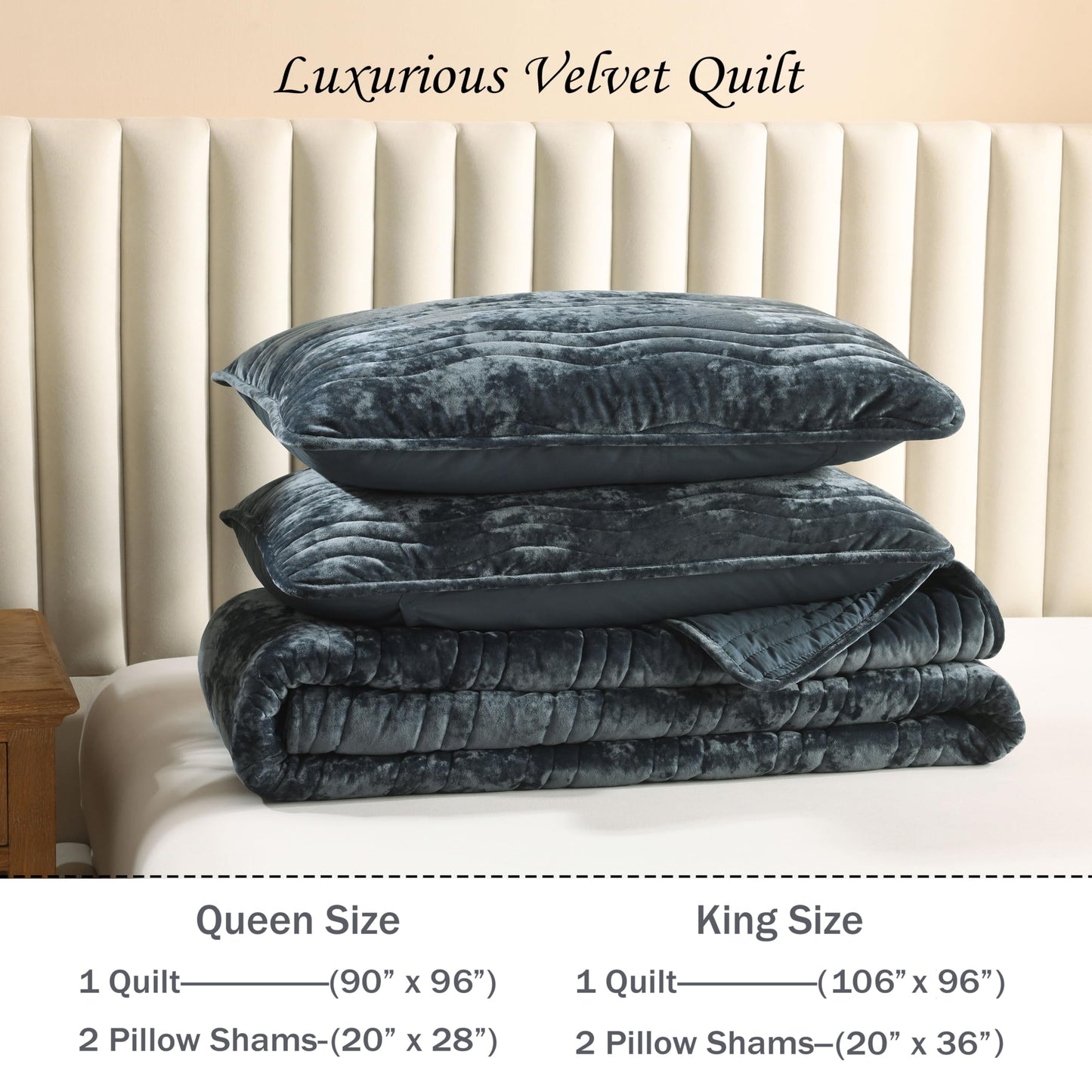 AJOCCI Velvet King Size Comforter Set, Luxurious King Quilt, Blue Bedding Set, Soft Plush Bedspread, Lightweight for All Season,Stormy Blue