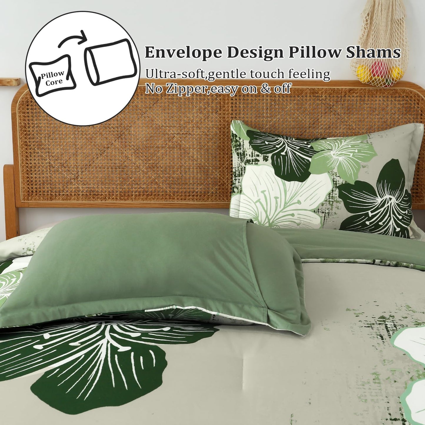 Menghomeus Floral Comforter Set Queen Ombre Green Bedding Lightweight Microfiber Bed Comforter for All Season, 3 Piece Flowers Comforter with 2 Pillowcases