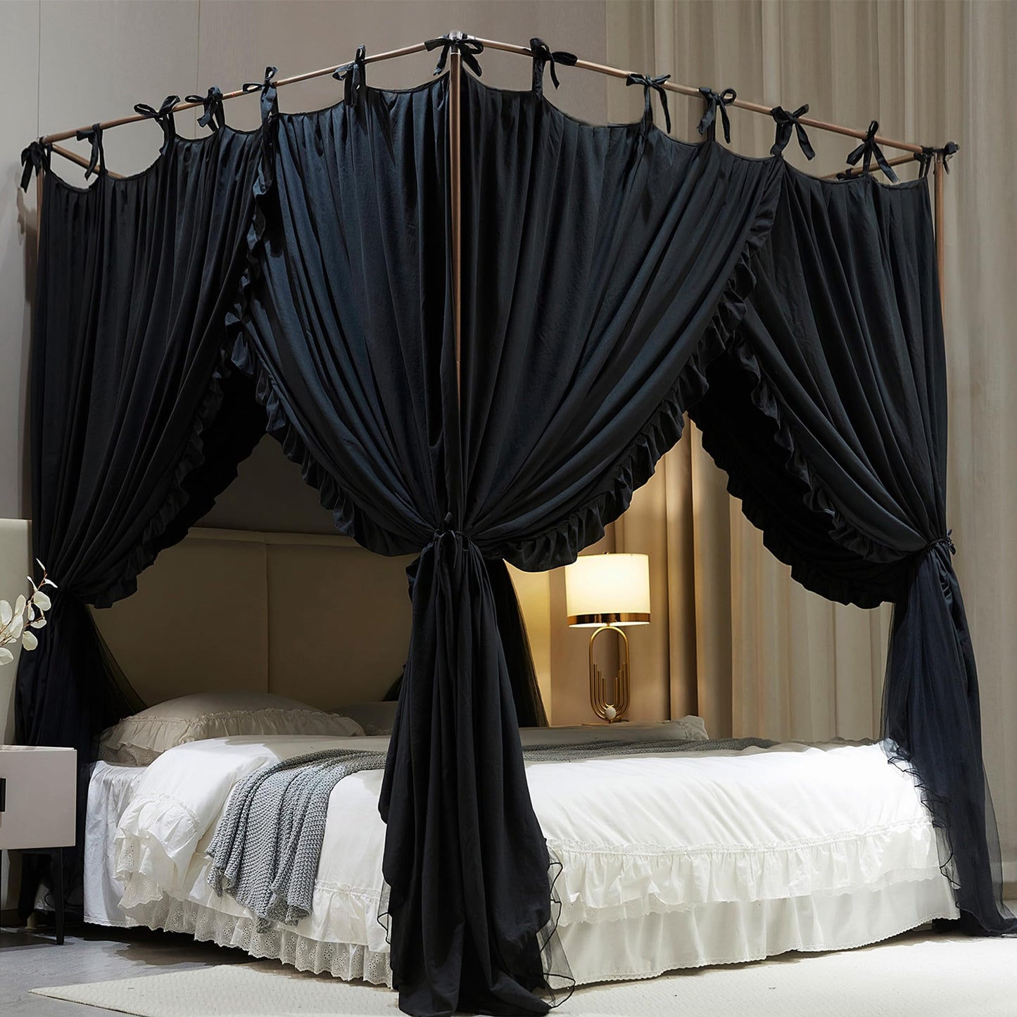 AIOOO 4 Corners Post Princess Curtain Bed Canopy Double Layer Cozy Mosquito Net Mesh and Cloth for Girls Adults Bedroom Decoration (Double-Black/Black, 78" W*86" L*82"*H/(King))