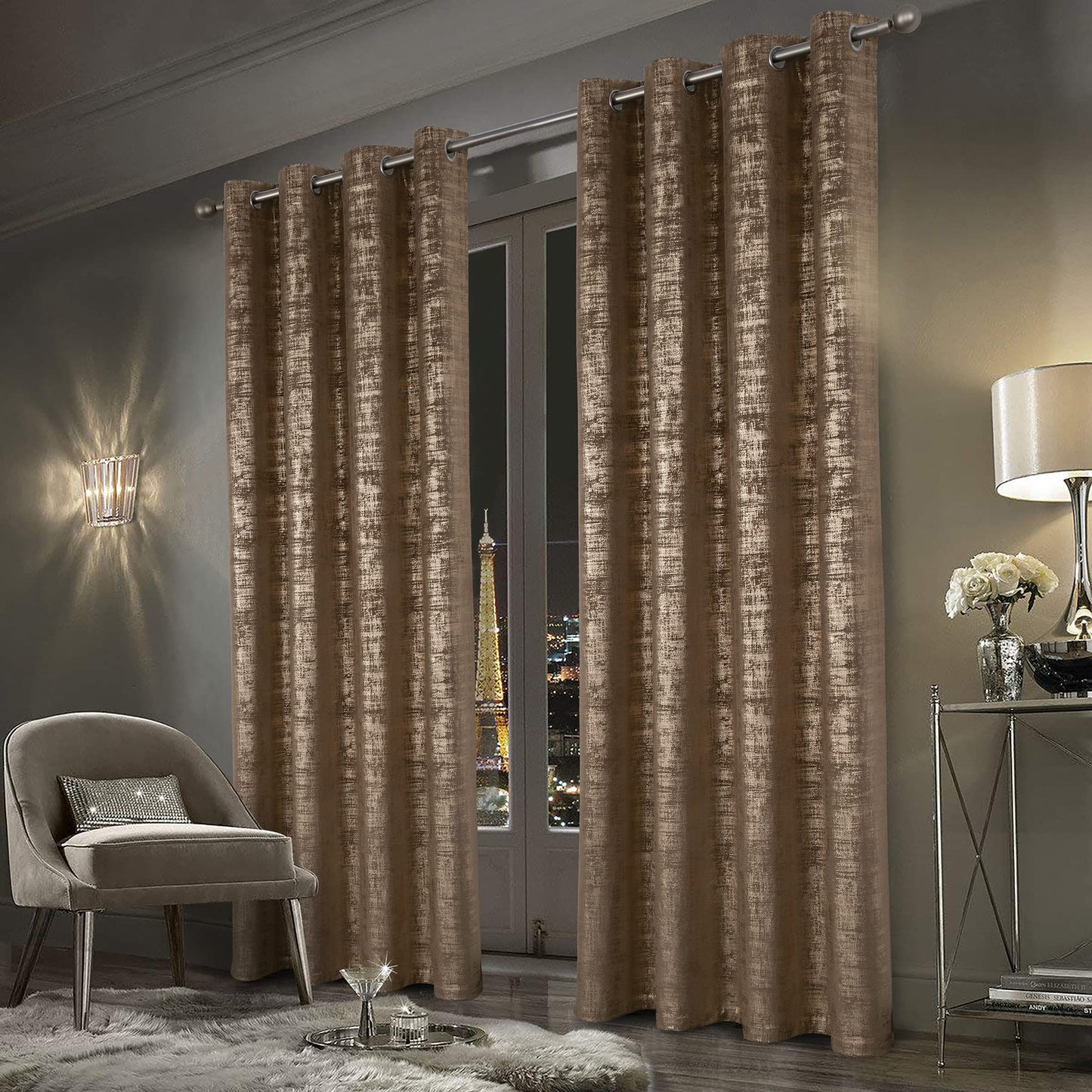 always4u Mocha Soft Velvet Curtains 95 Inch Length Luxury Bedroom Curtains Gold Foil Print Window Treatments for Living Room Bedroom Set of 2
