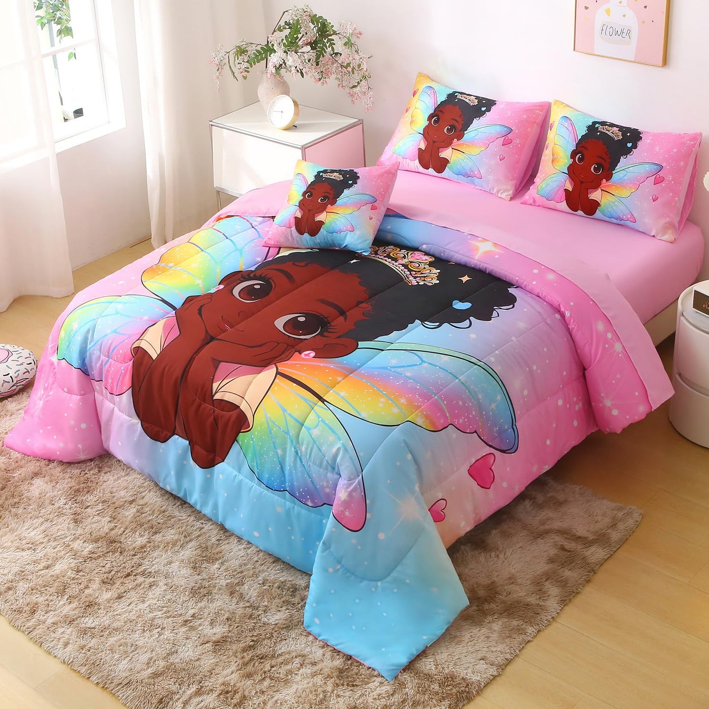 JQinHome Twin Comforter Set - 6 Pieces African Fairy Princess Bedding Set for Girls, Bed in a Bag with Rainbow Wing Comforter, Sheets, Pillowcases & Decorative Cushion Cover