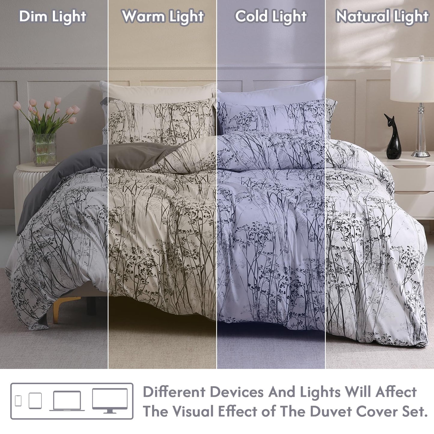 LONAVA Queen Botaincal 3 Pcs Duvet Cover Set, Breathable Soft Microfiber Deep Grey Lining Comforter Cover with Zipper Closure, and 2 Anti-Pilling, Fade Resistant Pillowcases, Winter Forest