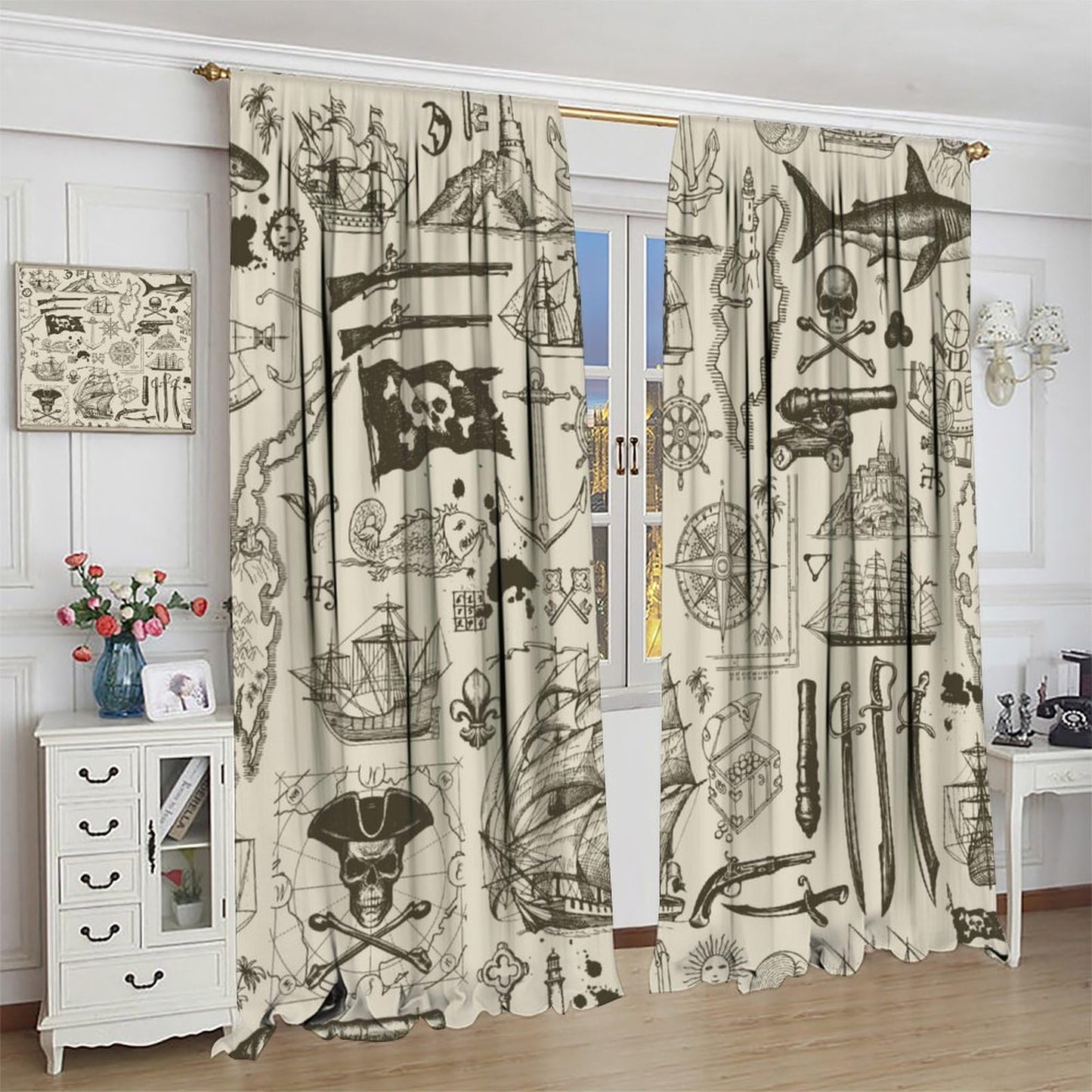 XBDDZSW Nautical Sailboat Map Curtains Sketch Pirate Ship Wheel Compass Starfish Coral Reef Nautical Map Pattern Print Window Drapes for Bedroom Living Room Kitchen Decor,2 Panel Set,42x45 Inch Decor