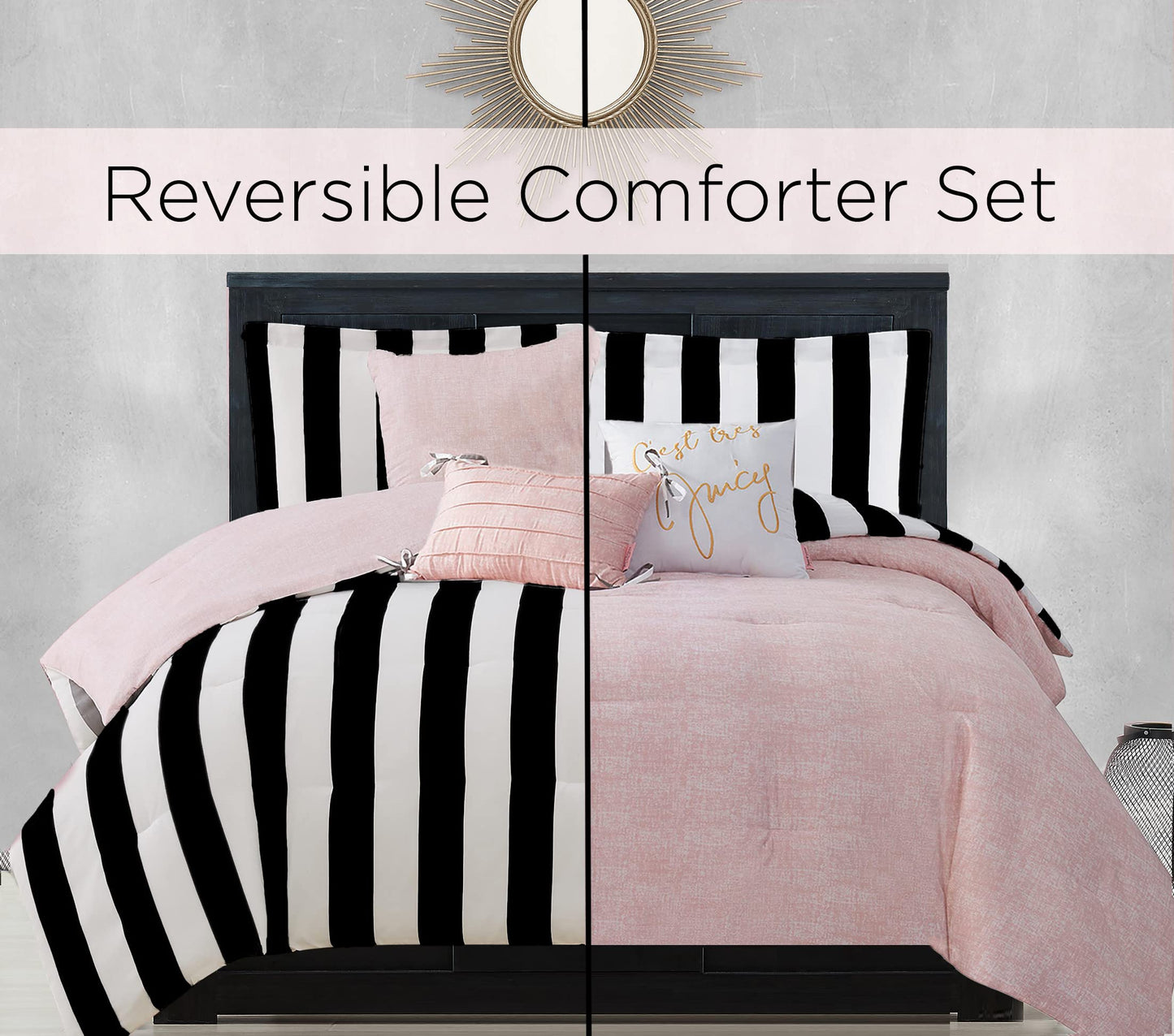 Juicy Couture Cabana Stripe Reversible Bedding Set - Queen Size - Black and White Stripe Print – 6 Piece Set – Includes 1 90" x 90" Comforter, 3 Decorative Pillows, 2 Shams