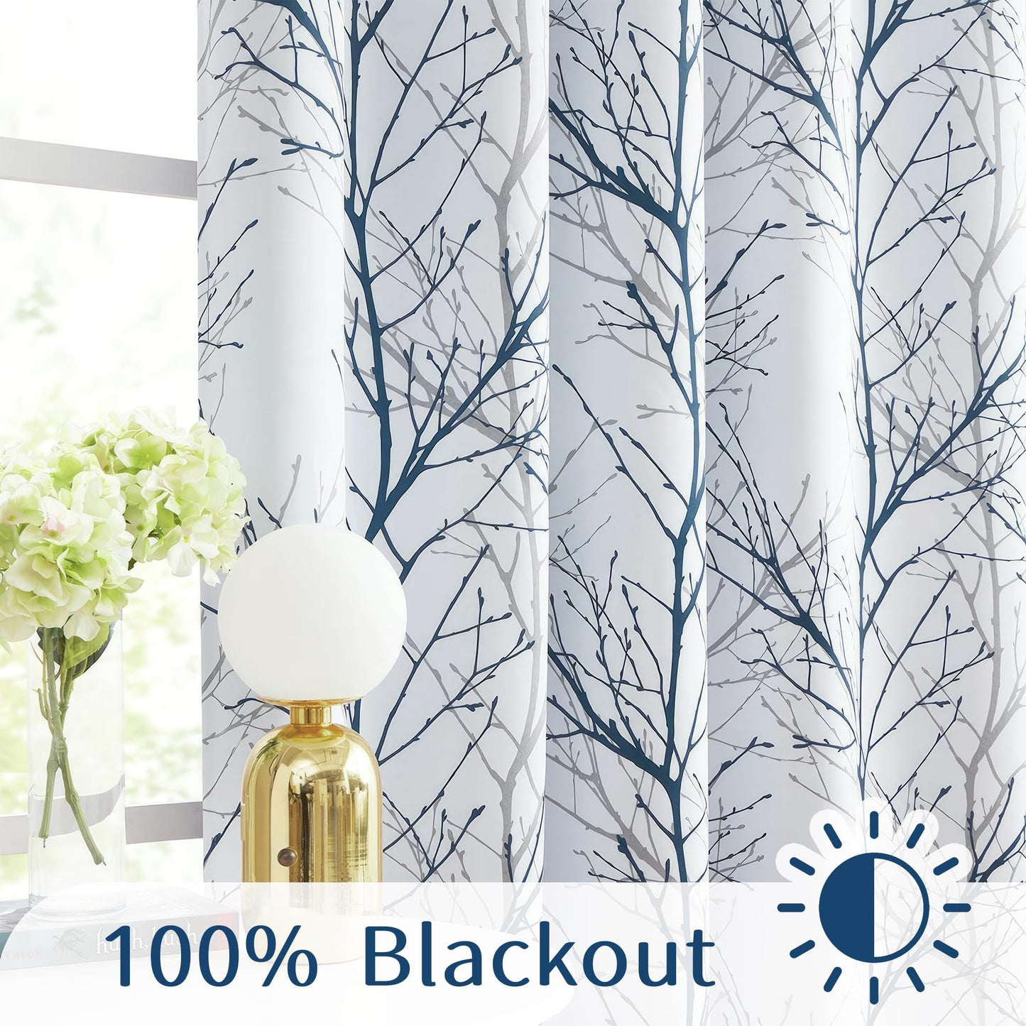 FMFUNCTEX 100% Blackout Curtains for Bedroom, Blue White Tree Branch Curtains 54 Inches Long for Living Room, Short Thermal Insulated Window Drapes for Basement, Small Windows 2 Panels Grommet Top