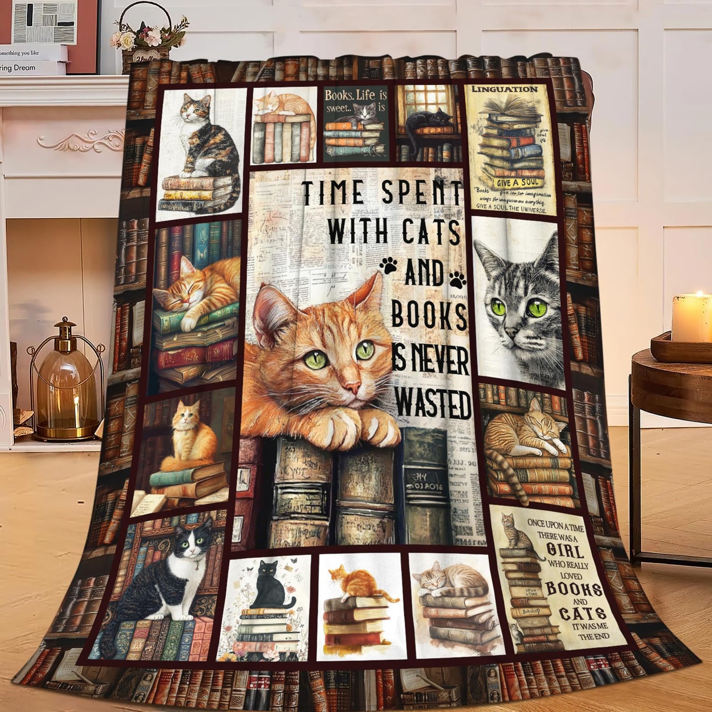 Dynova Cat Blanket Cozy Plush Book Throw Blankets Cozy Plush Cats Books Lovers Gifts Fuzzy Flannel Fleece for Women Men Girls Boys 50"X40"