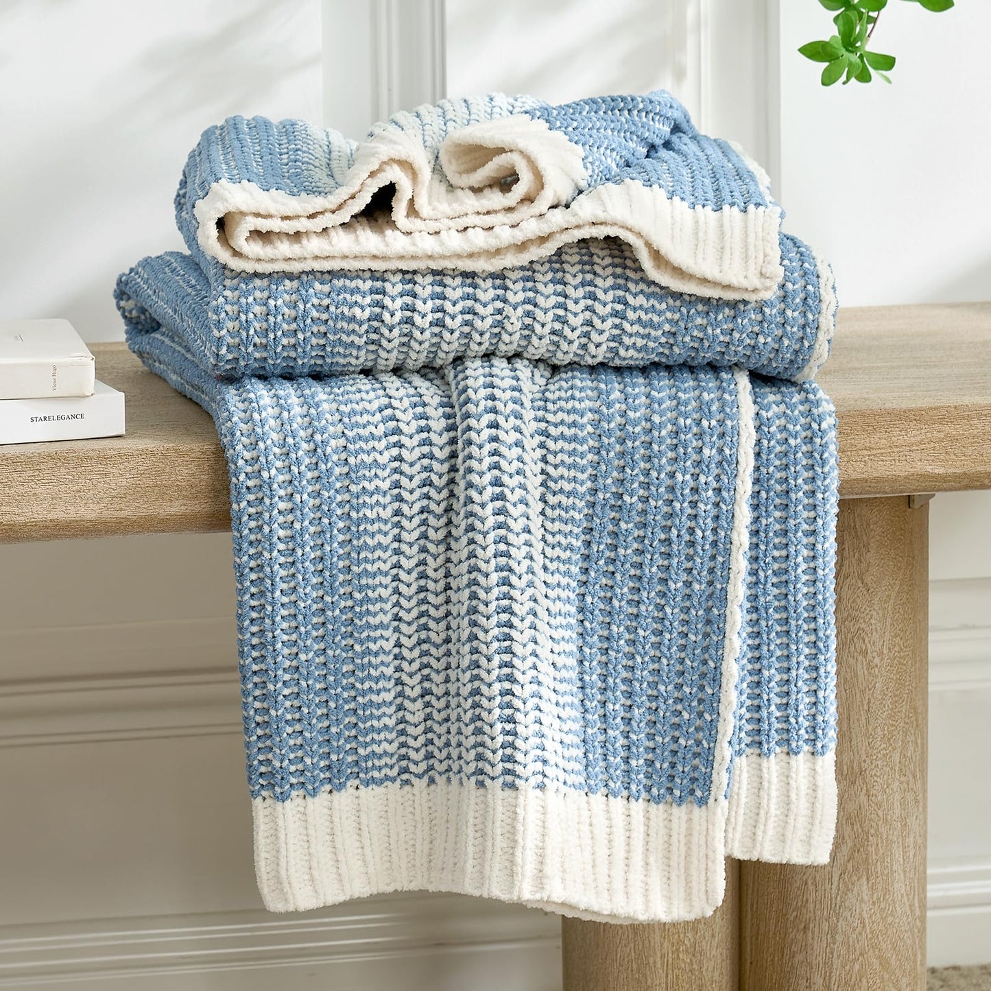 Amélie Home Chenille Knit Throw Blanket Set, Solid Chevron & Two-Tone Blue, Soft Decorative Blankets for Couch & Sofa, 50"x60" 2-Pack