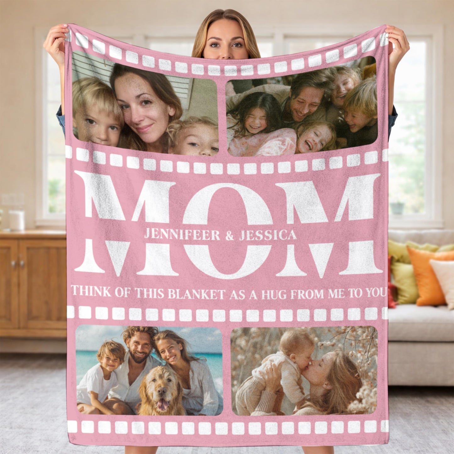 KiKiLuna Personalized Photo Filmstrip Flannel Throw Blanket, Custom Mom Gift with 4 Pictures and Names, 14 Background Color Options, Mother's Day Birthday Christmas Home Decor
