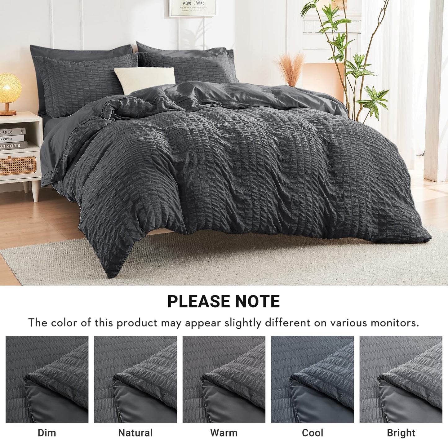 HYMOKEGE Queen Comforter Set Seersucker 7 Pieces, All Season Luxury Bed in a Bag for Bedroom, Bedding Set with Comforters, Sheets, Pillowcases & Shams, Dark Grey