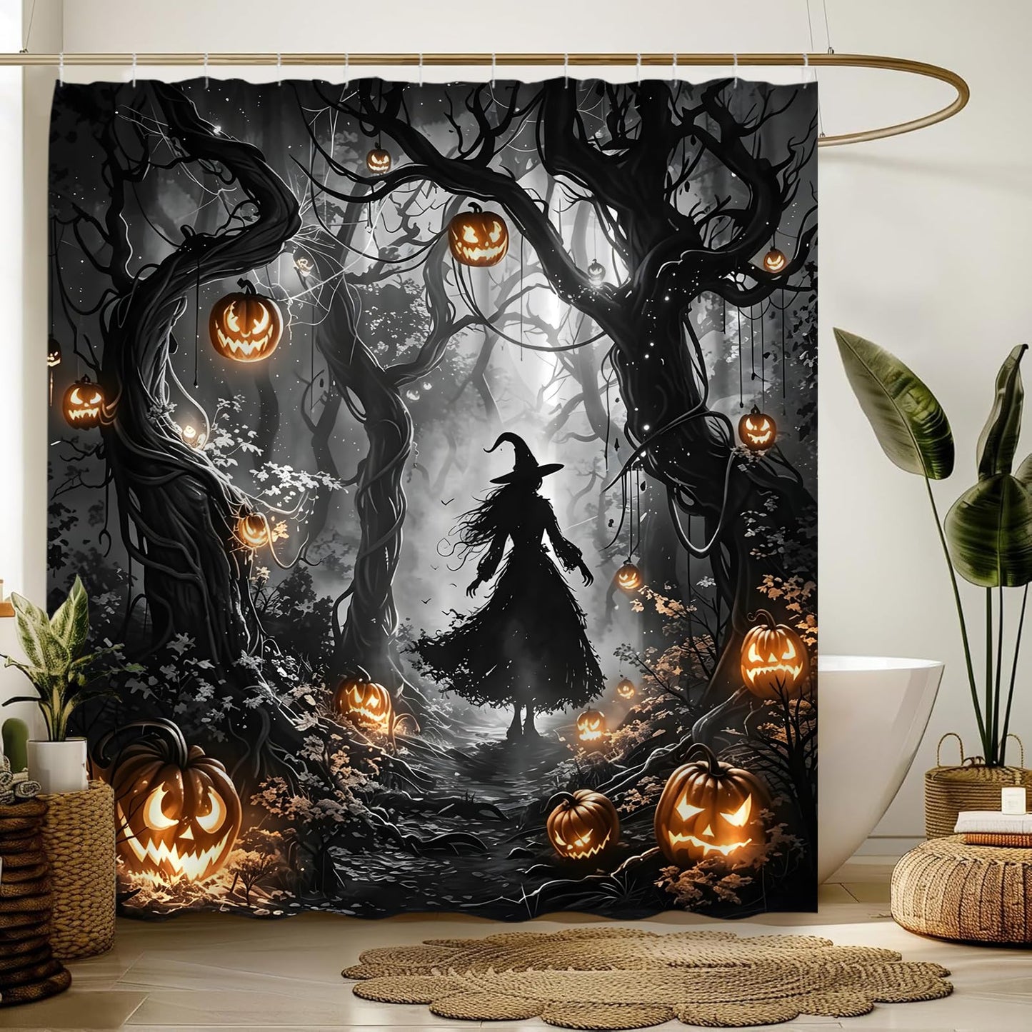 DSMEUE Halloween Witch Shower Curtain,Spooky Haunted Forest with Pumpkin Decor for Bathroom,Dark Gothic Black Orange Fabric Curtain with Hooks,70x70 Inch