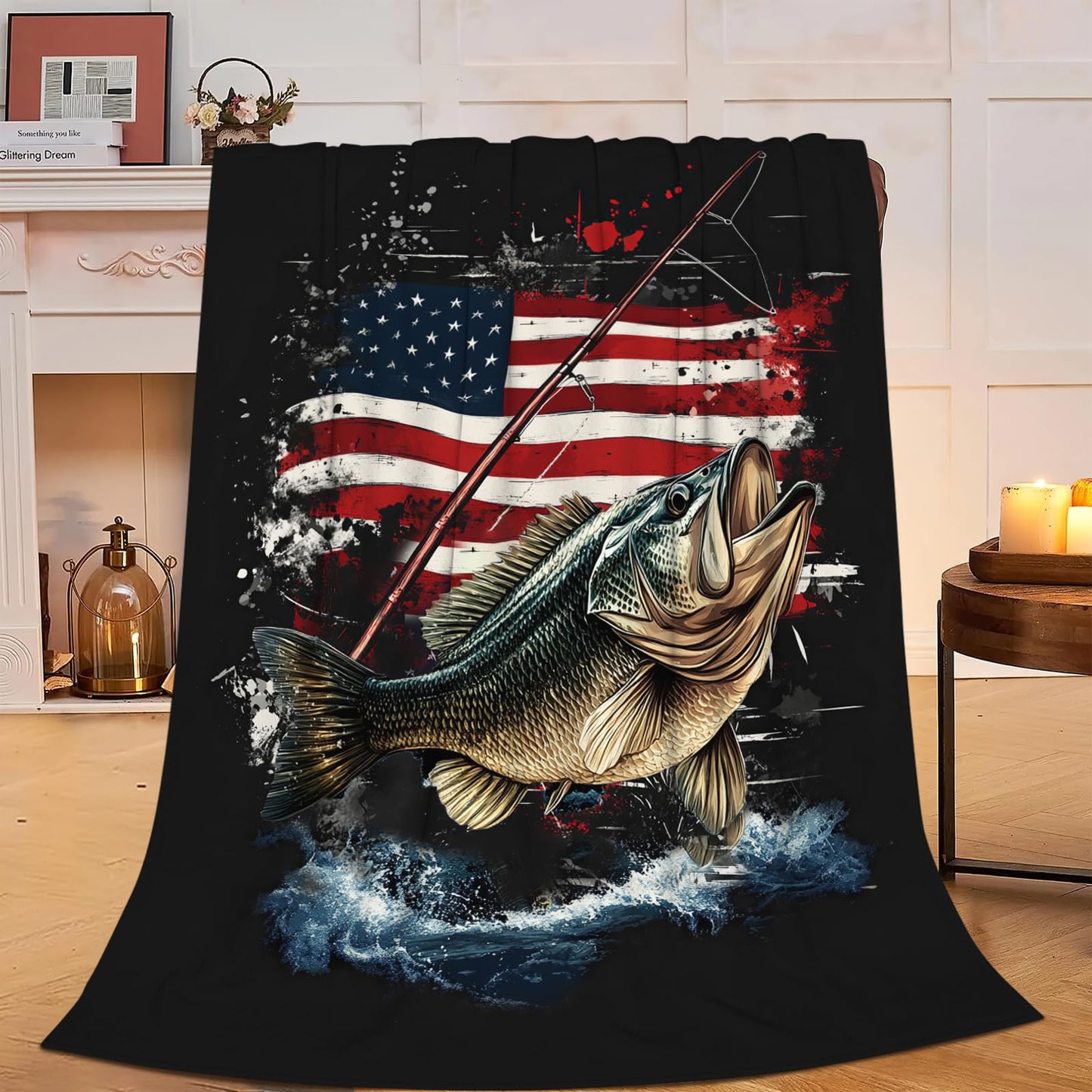 Fishing Blanket American Flag Fish Throw Blanket Soft Warm Cozy Fuzzy Plush Gifts for Girls Women Lightweight Fleece Flannel Stuff Decor Gift for Kids Adults 50"X40"