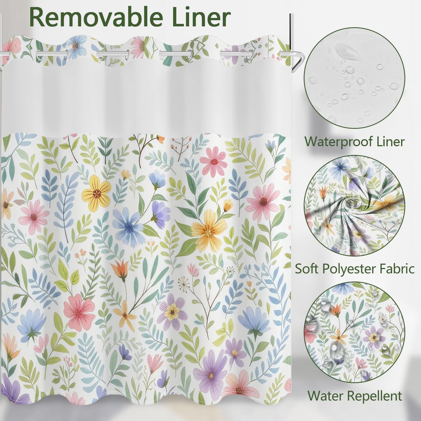 No Hook Shower Curtain with Snap in Fabric Liner Set, Waterproof & Washable, Boho Colorful Plant Floral Shower Curtains for Bathroom, Farmhouse Rustic Flower Bathroom Curtain, House Gift, 71x74 inch