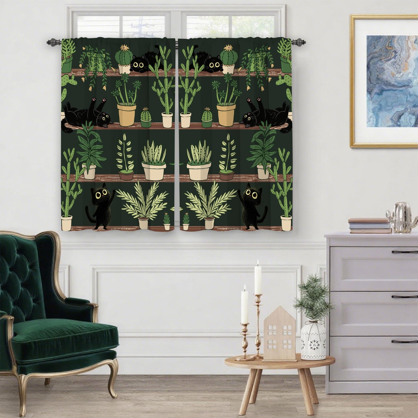 Worltoldb Black Cat Cactus Kitchen Curtains Cafe Curtains for Bathroom Dining Room Living Room Pocket Window Drapes 2 Panels Set 28"x36"