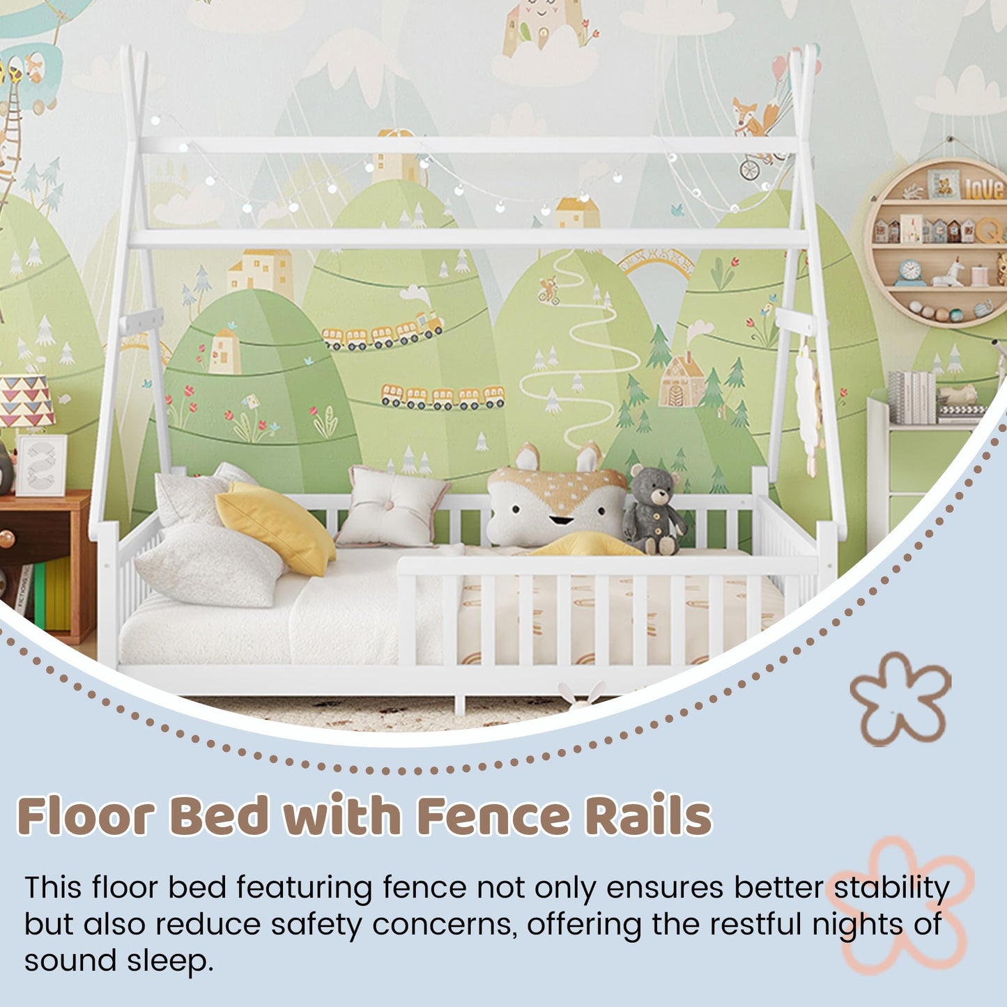 MoproBeti Montessori Bed Full Size with Light and Slats, Wood Teepee Floor Bed for Kids Boys Girls,House Bed Frame with Rails & Roof,No Box Spring Needed, White