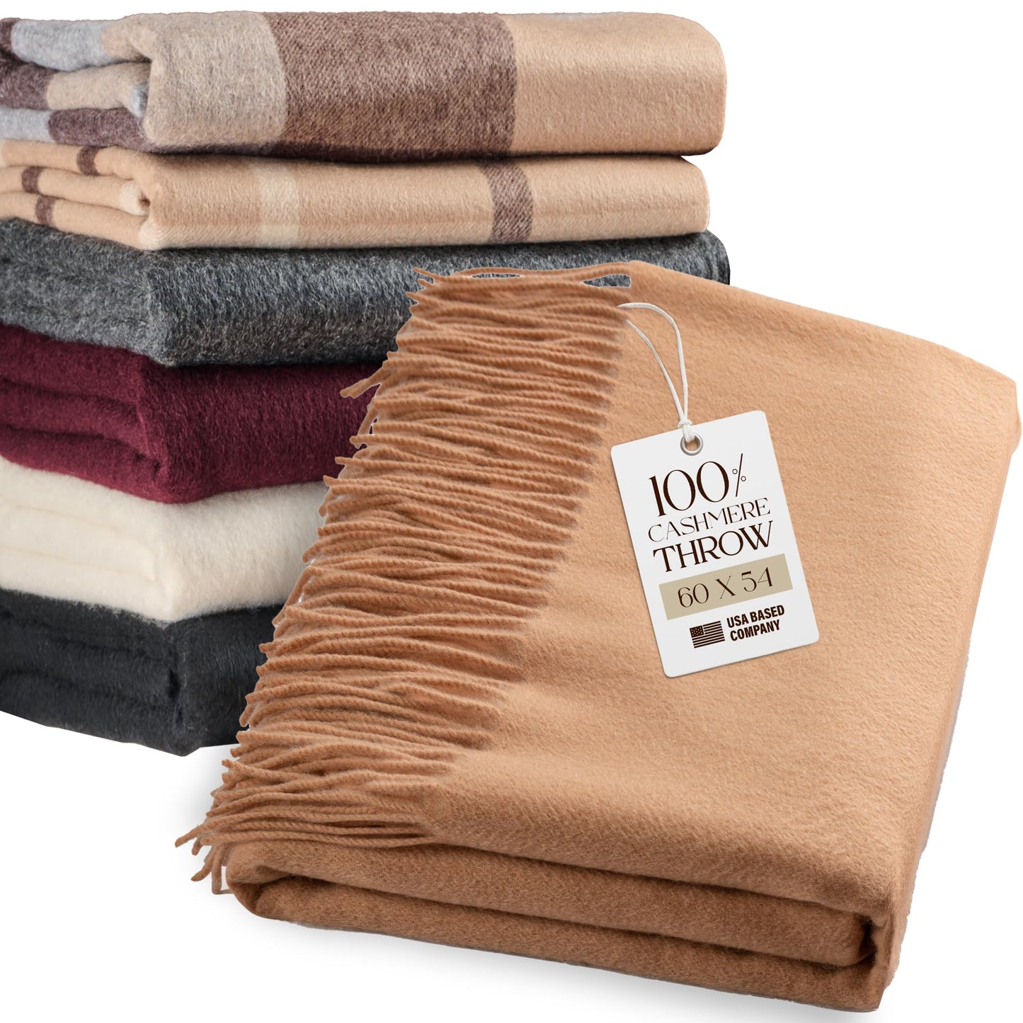 Velanio Cashmere 100% Cashmere Throw Blanket with Fringe 60 x 54 Inch Super Soft Warm for Home, Travel Sofa Bed (Camel)
