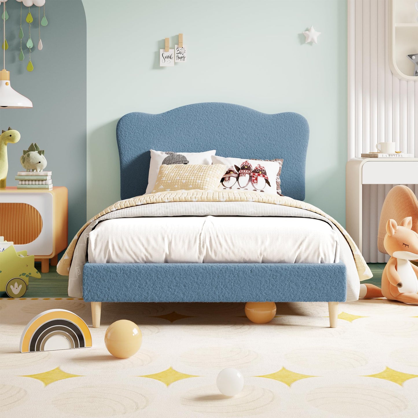 GarveeHome Upholstered Full Size Bed Frame for Kids with Scallop Headboard, Cute Velvet Full Bed for Girls, Boys, Sturdy Platform Bed, No Box Spring Needed, Wooden Slats, Noise Free, Blue