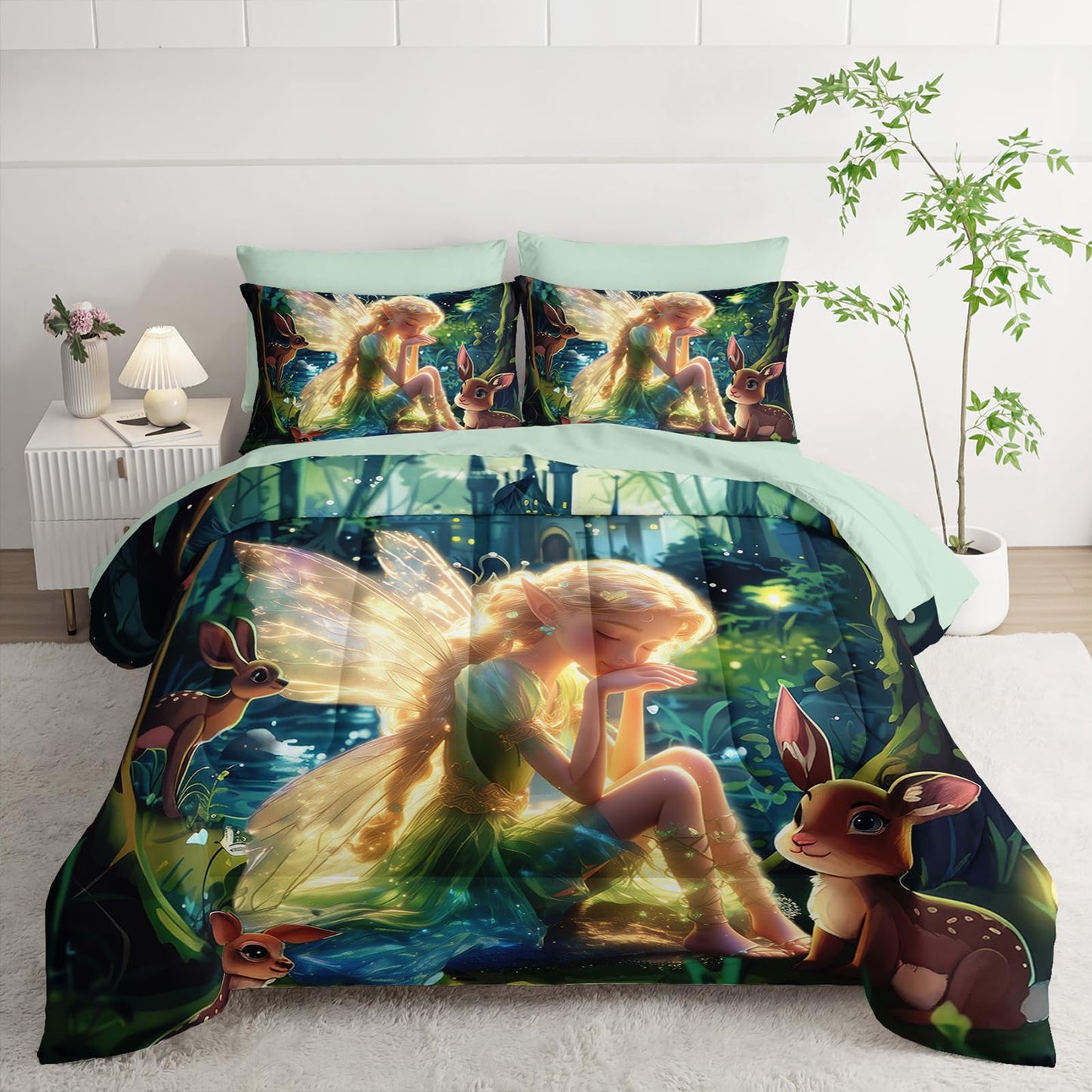 AILONEN Butterfly Fairy Comforter Set Twin Size,Princess and Elk Bedding Sets,Mysterious Forest Theme Bed in a Bag,Comforter & Fitted Sheet & Flat Sheet & 2 Pillowcases,2 Pillow Shams