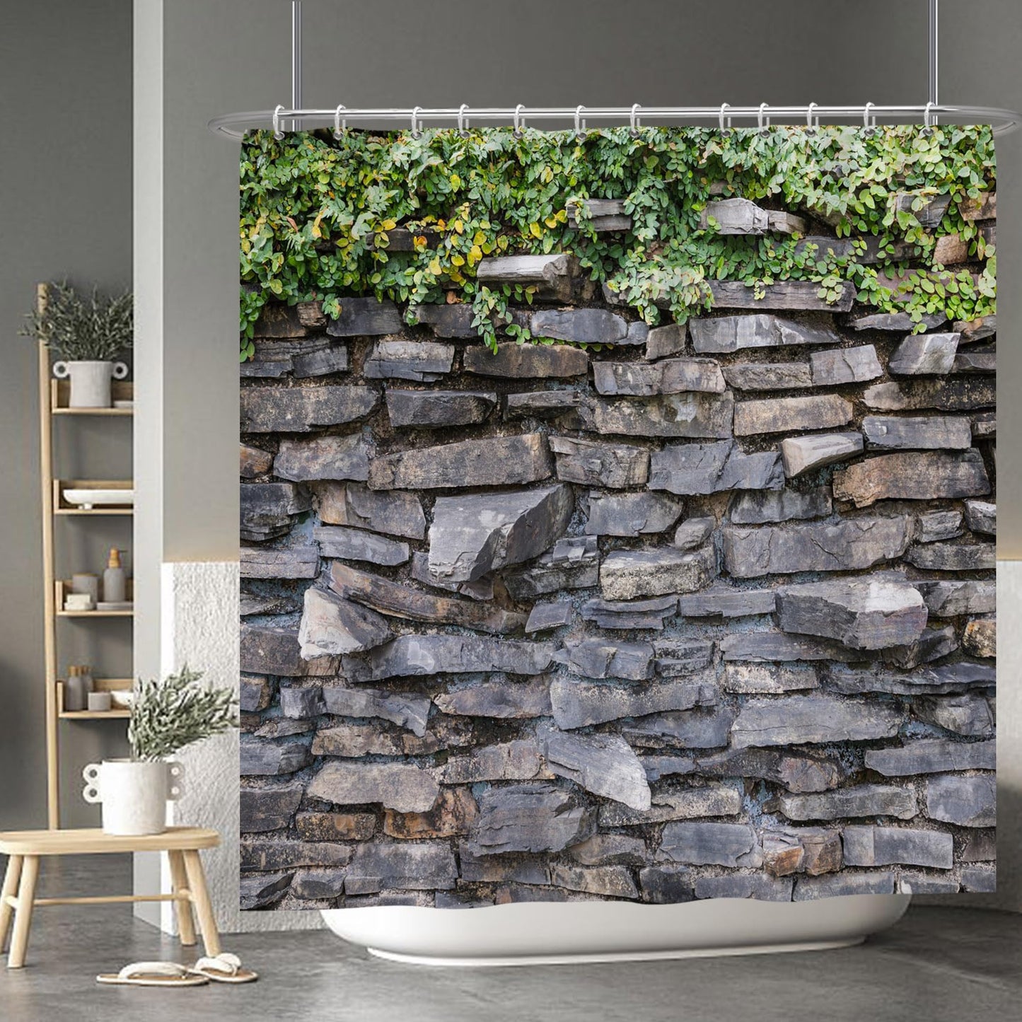 Baocicoo Rocks Stone Brick Wall Shower Curtain Green Leaves Garden Landscape Nature Plant Shower Curtains for Bathroom Rustic Family Bathtub Waterproof Curtain for Bathroom with Hooks 72x72 Inches
