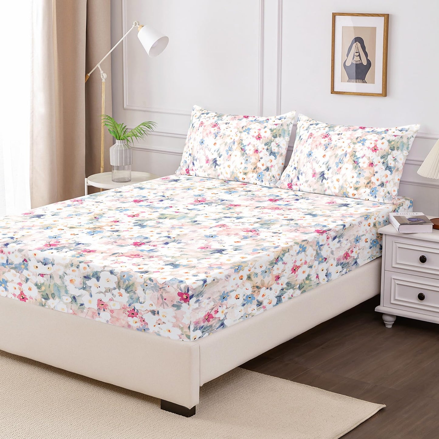 HCORA Floral Fitted Sheet with Pillow Cases, 100% Brushed Microfibre Deep Pocket Fitted Bottom Sheet, Ultra Soft, Shrinkage and Fade Resistant, Full Size