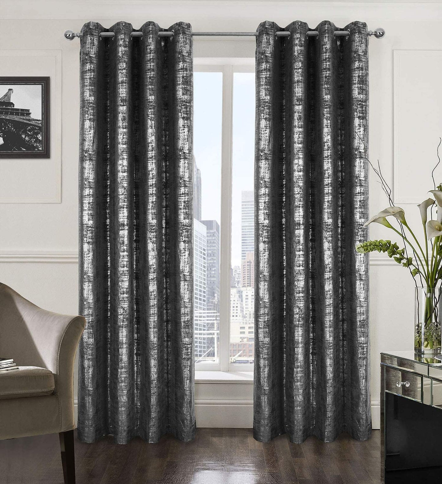 always4u Soft Velvet Curtains 95 Inch Length Luxury Bedroom Curtains Silver Foil Print Window Treatments for Living Room Set of 2 Charcoal Grey