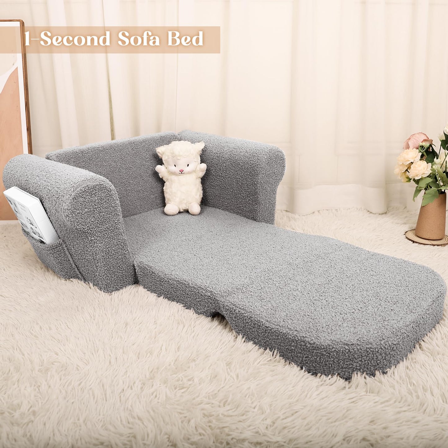 Hrebr Chairs for Toddler, 2-in-1 Toddler Soft Teddy Baby Couch Fold Out, Convertible Chair to Lounger for Girls and Boys|Safety Certified | Gift for Children