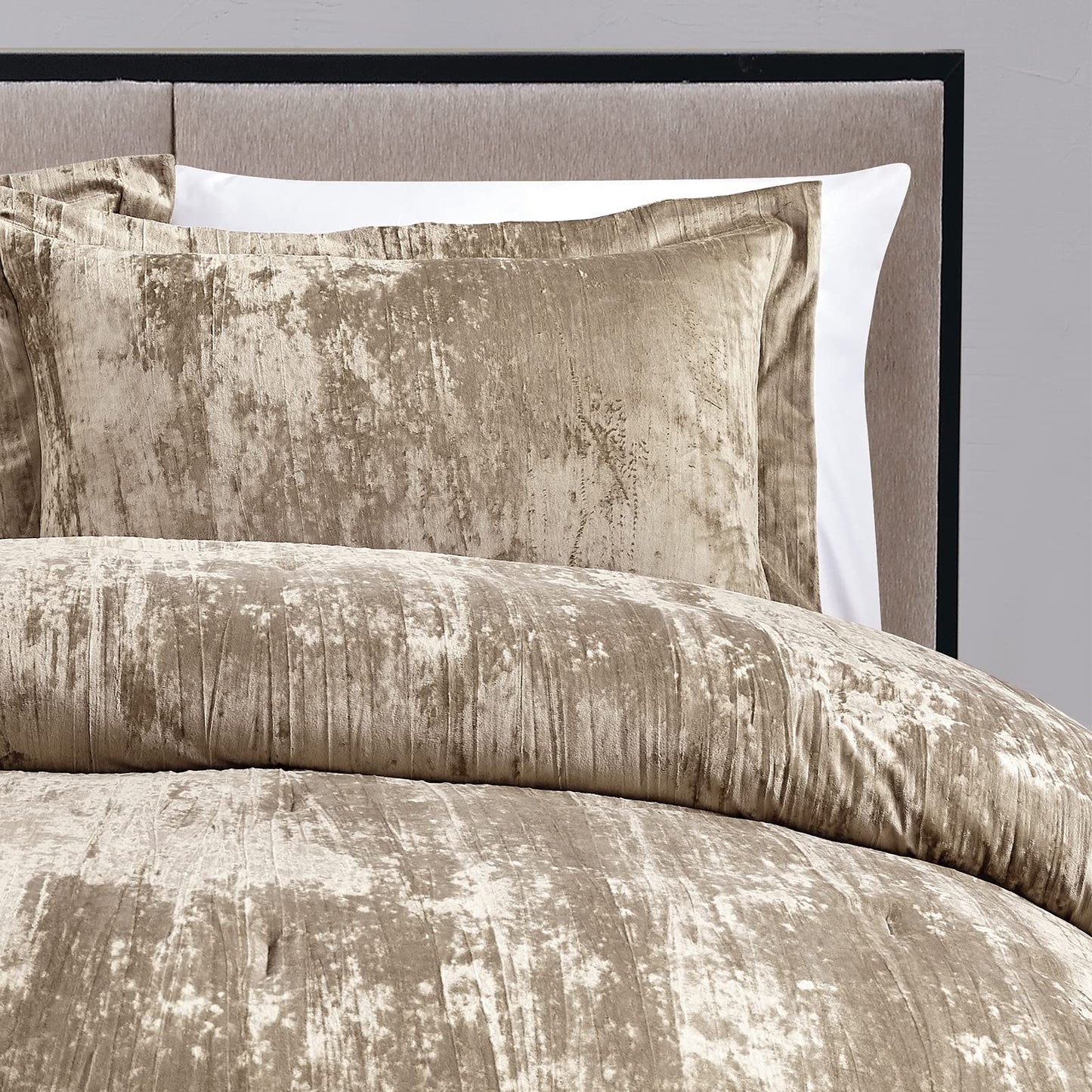 Fredsure Crinkle Velvet Comforter Set, 3 Pieces Khaki Queen, Crinkle Velvet Face and Brushed Microfiber Reverse, with Light Poly Fill