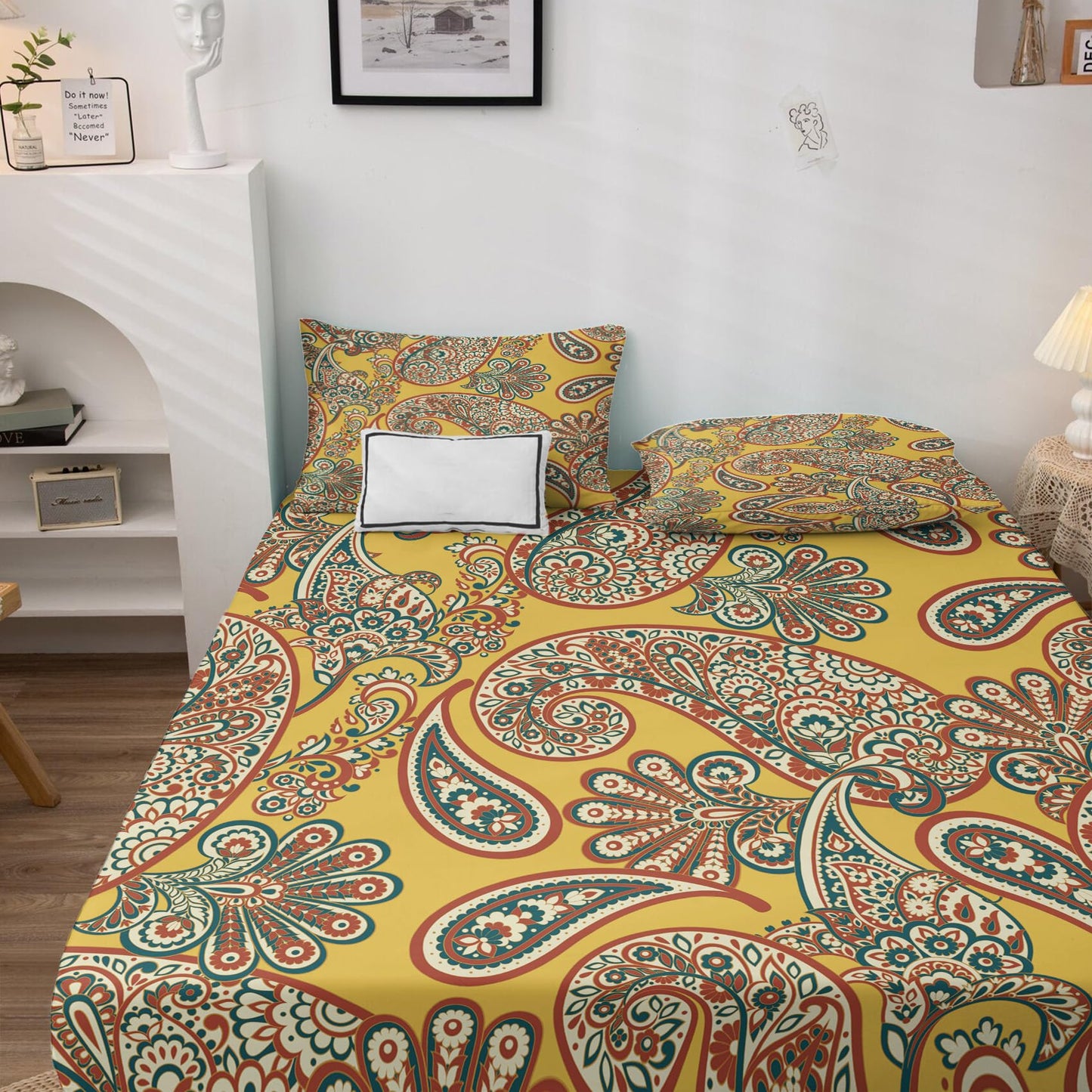 NOGAWA Yellow Paisley Sheets Full Size, Vintage Bohemian Bed Sheets, Boho Bedding Sheets & Pillowcases 4 Piece Set - Microfiber Deep Pocket Fitted Sheet & Flat Sheet & 2 Pillow Cases