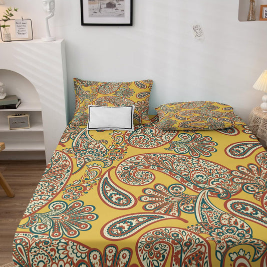 NOGAWA Yellow Paisley Sheets Full Size, Vintage Bohemian Bed Sheets, Boho Bedding Sheets & Pillowcases 4 Piece Set - Microfiber Deep Pocket Fitted Sheet & Flat Sheet & 2 Pillow Cases