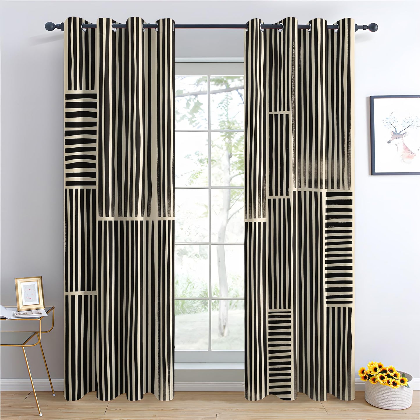 Fizzenobia Striped Curtains Blackout, Thermal Insulated Room Darkening Grommet Drapes for Bedroom & Living Room, Black and Beige Stripe Window Curtains & Home Decor, 54 Inch Drapes 2 Panel Set