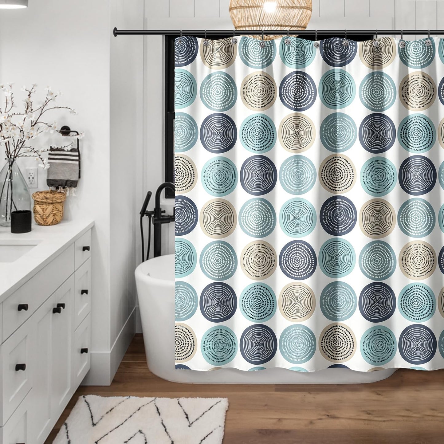 Sunlit Abstract Tree Rings Woody Artistic Fabric Shower Curtain. Nature Pale Blue Teal Beige Light Brown