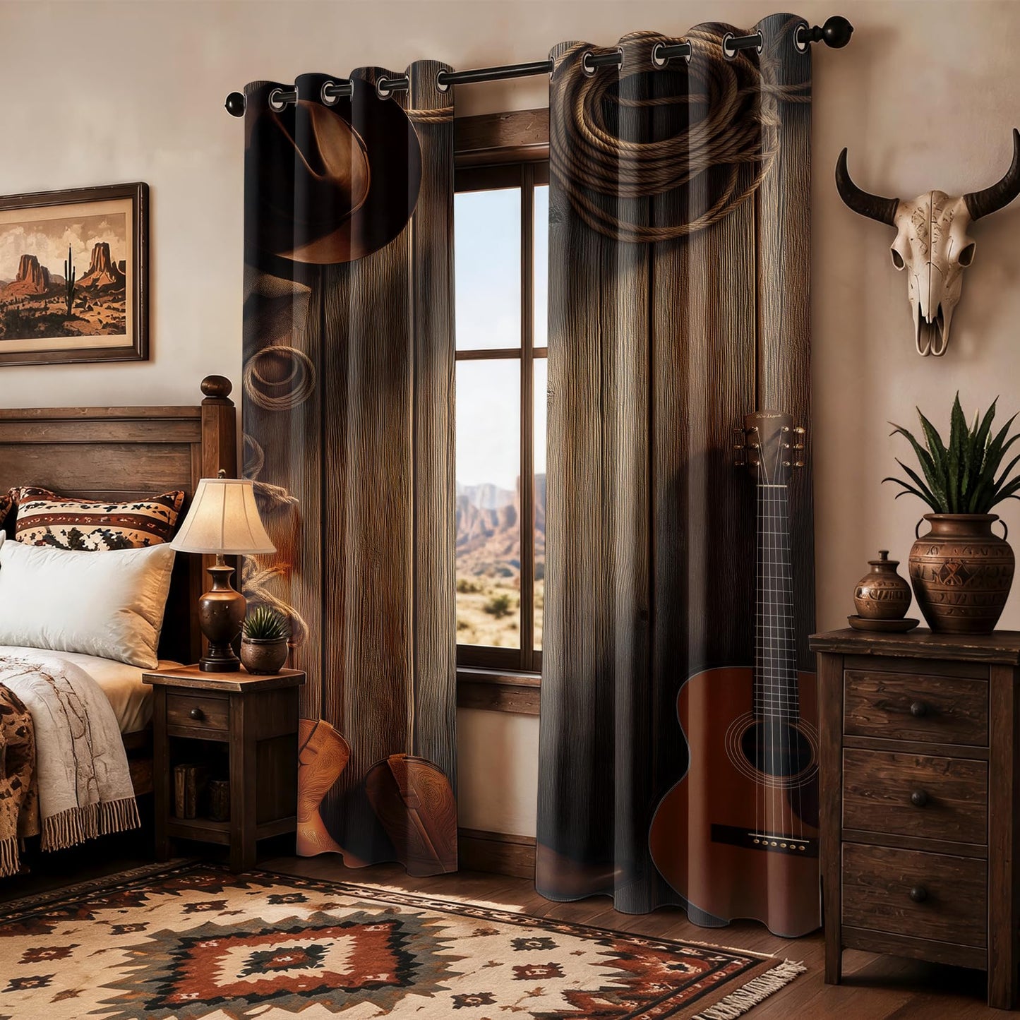 Western Farmhouse Patterned Curtains Blackout, Thermal Insulated Room Darkening Grommet Drapes for Kitchen, 54 Inch Curtains 2 Panel Set, Rustic Cowboy Wood Grain Hat Boots Guitar Window Treatments