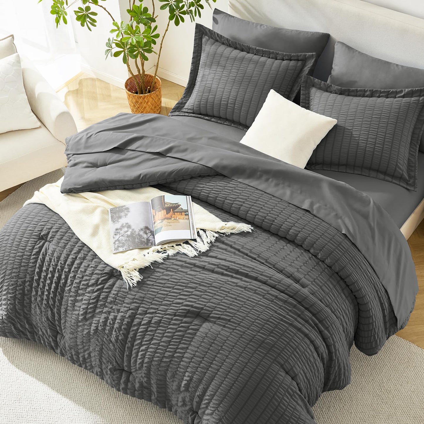 HIMEET Queen Comforter Set - 7 Pieces Seersucker Bed in a Bag, Boho Bedding Sets for Bedroom Decor, All Season Home Essential Bed Set with Comforter, Sheets, Pillowcases & Shams, Dark Grey
