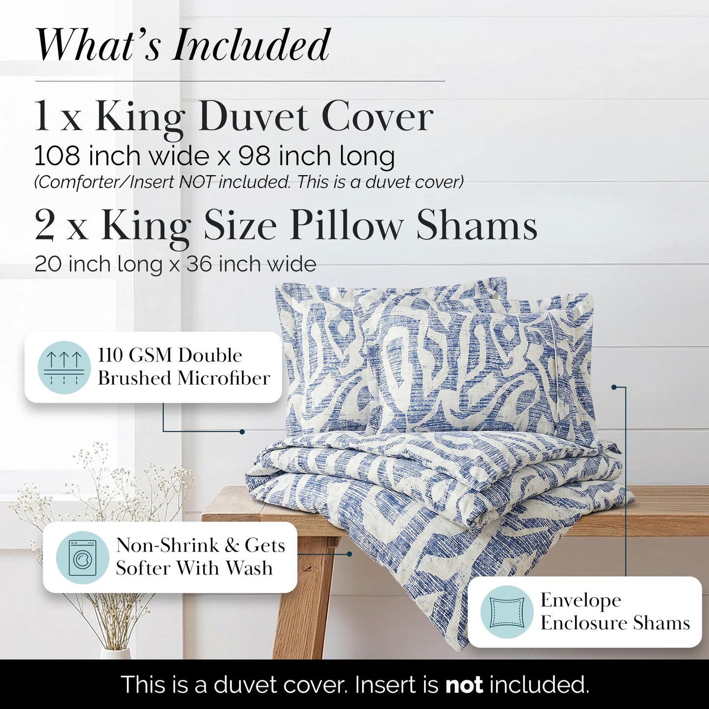 Southshore Fine Living, Inc. Oversized California King Duvet Cover Set - Printed Blue Duvet Cover King Size - Pet Hair Resistant Bedding, Fade Resistant, Zipper Closure - 2 Pillow Shams - Khari Blue