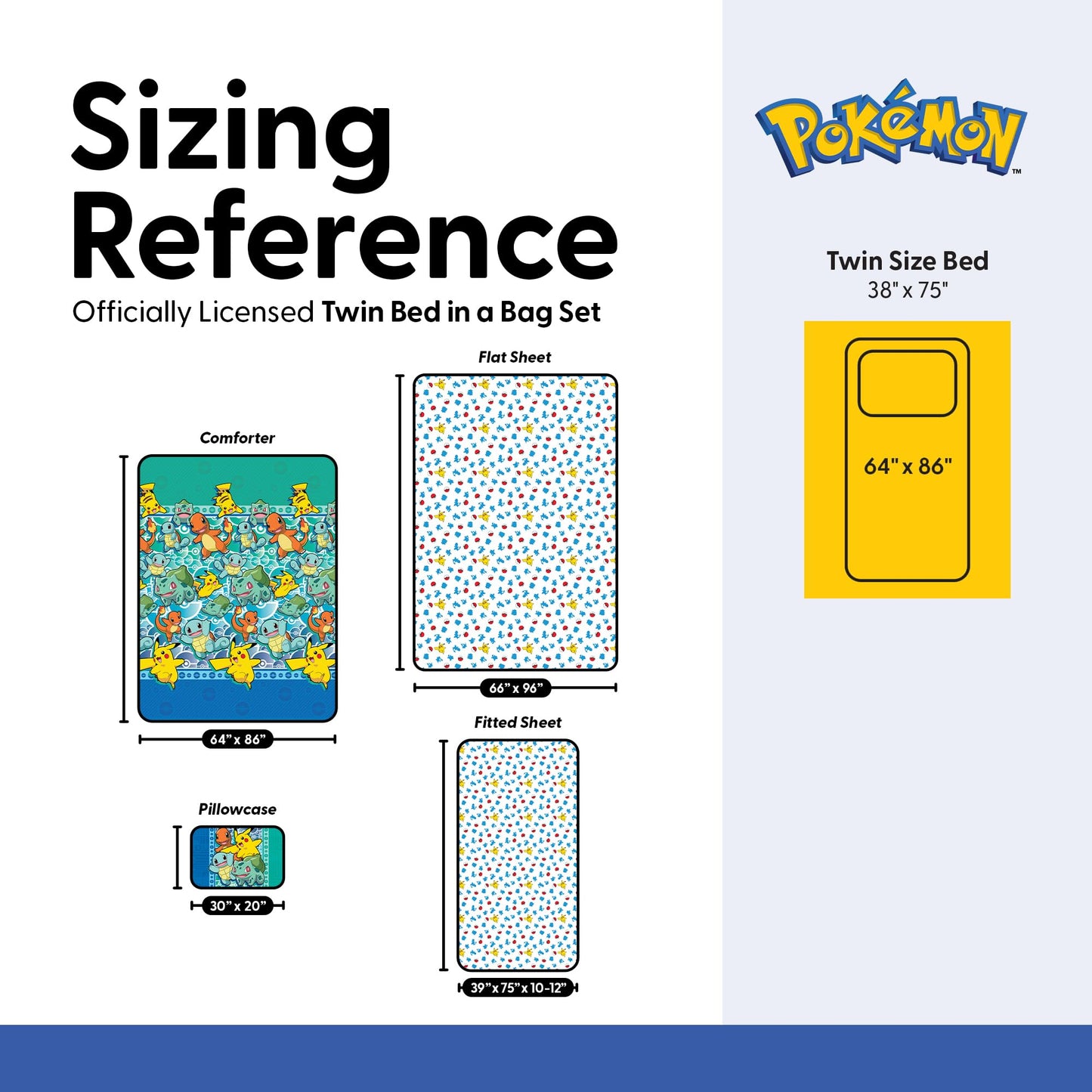 Northwest Pokemon First Starters Twin Size Bed in a Bag Set, Pikachu Charmander Squirtle Bulbasaur, Kids Boys Girls Bedding Comforter Sheets