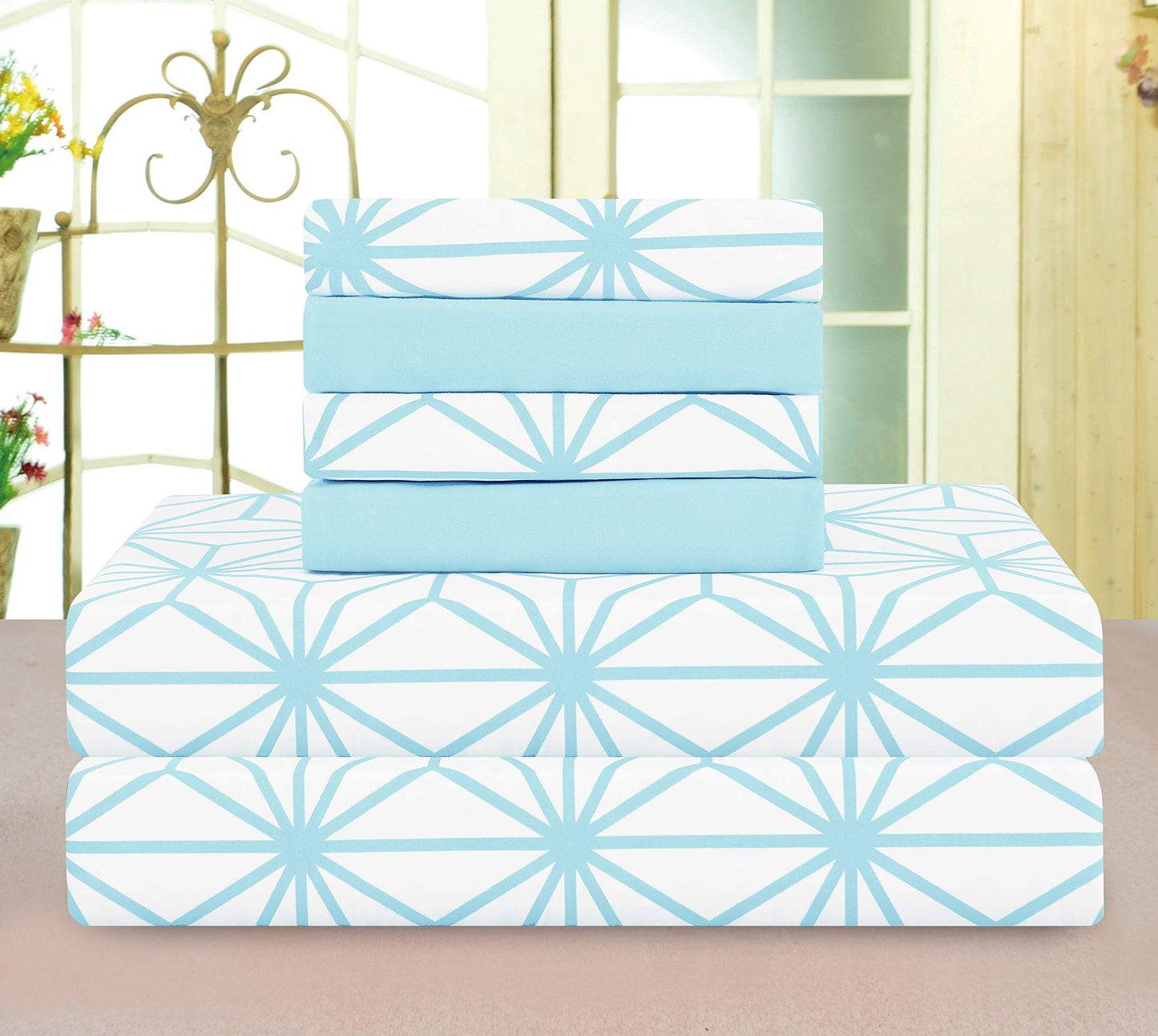 Elegant Comfort Luxury Soft Bed Sheets Cube Pattern - 1500 Premium Hotel Quality Microfiber Softness Wrinkle and Fade Resistant (6-Piece) Bedding Set, Queen, Aqua